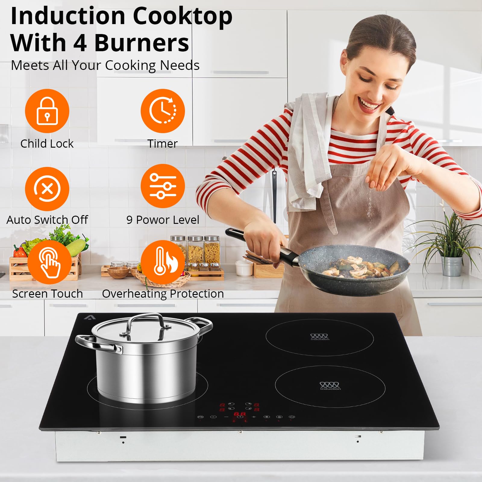 GARVEE 4 Burner Electric Cooktop 7400W Built-In Ceramic Glass Stovetop with Safety Lock & Timer - 240V Black - Perfect for Modern Kitchens, Cooking Classes & Family Meals