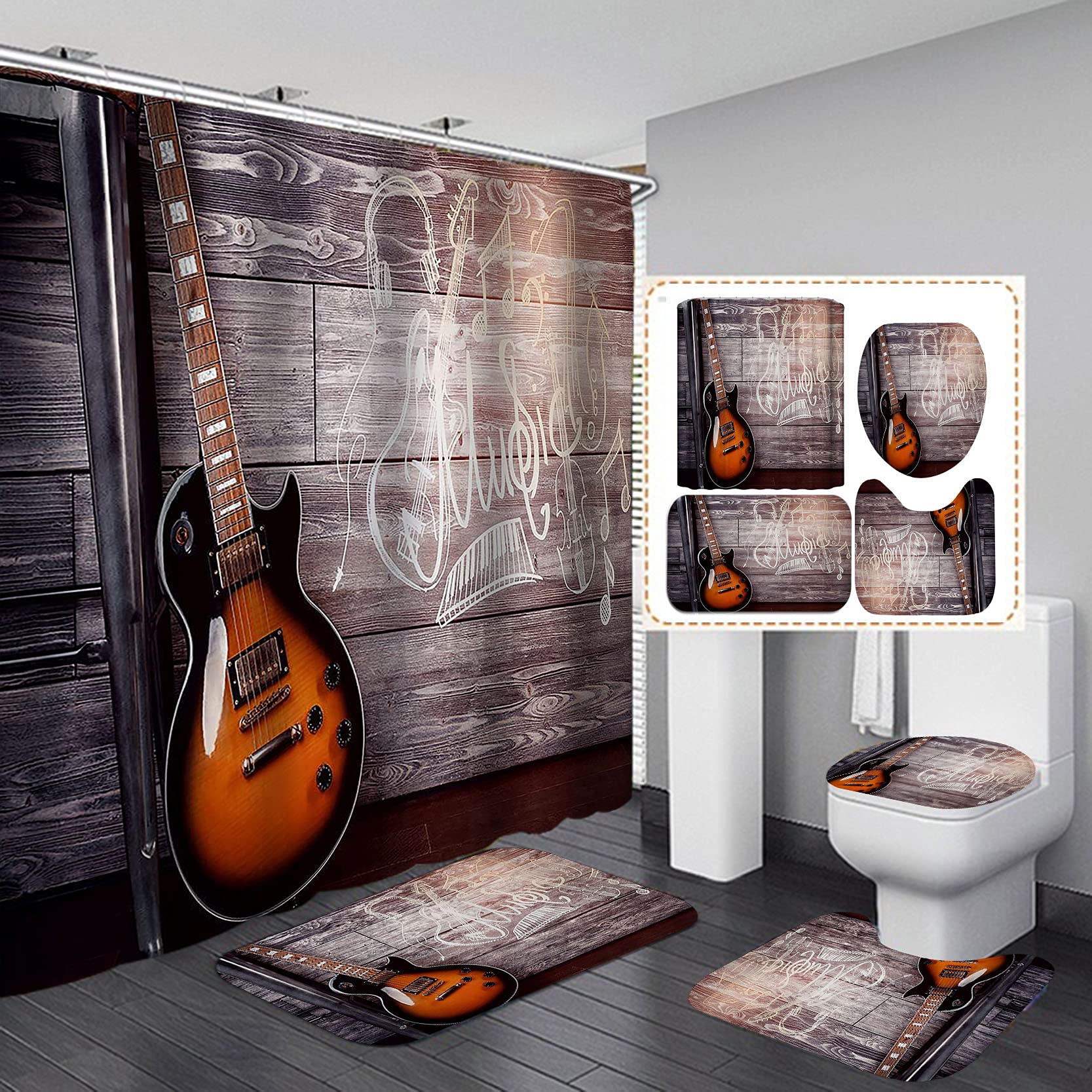 4PCS/Set Modern Brown Guitar Shower Curtain Set - Polyester Flannel Matte Bathroom Decor for Music Lovers - Perfect for Bathroom, Dorm, Apartment Decor