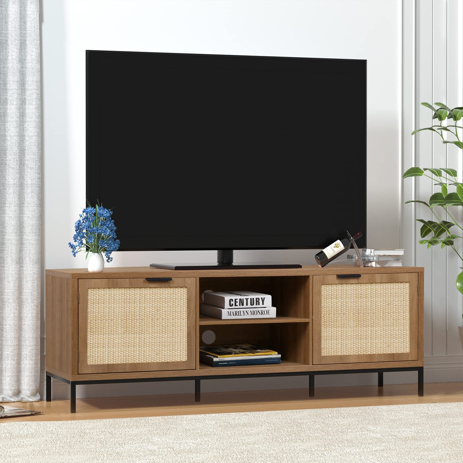 Anmytek Farmhouse Rattan TV Stand for 65 Inch TV - Rustic TV Console Table with 2 Rattan Doors - Modern Entertainment Center for Living Room & Bedroom - Perfect for Farmhouse Decor & Cozy Home Theater Setup (H0033)