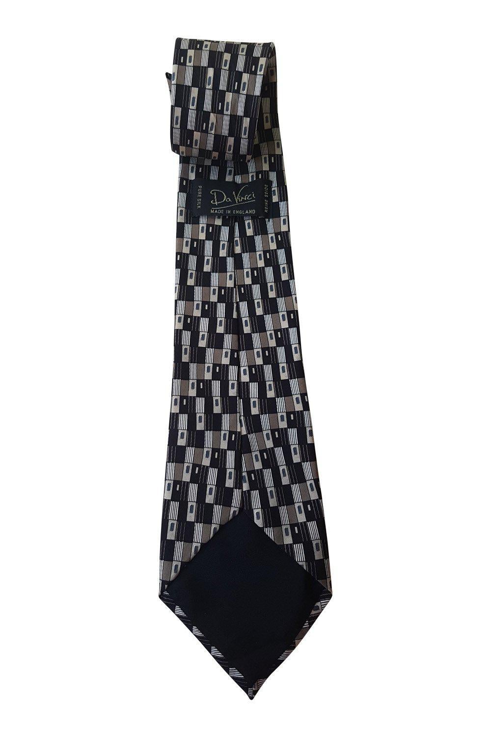 DA VINCI 100% Silk Black Grey Graphic Print Tie for Men - Elegant Necktie for Business, Wedding & Formal Occasions
