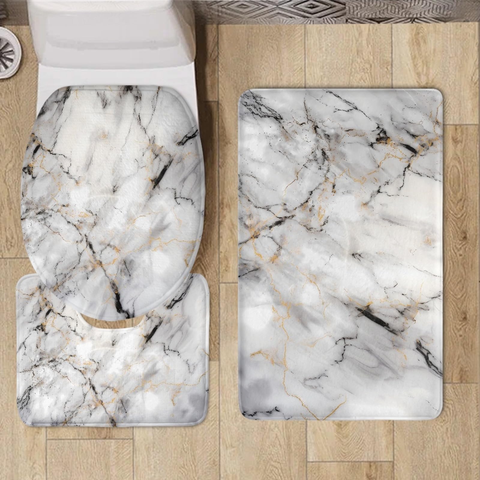 UNICEU Grey White Marble 3-Piece Bathroom Rug Set - Super Soft Microfiber Bath Mat, Non-Slip Toilet Lid Cover & Contour Rug - Machine Washable with Rubber Backing for Bathroom Safety & Comfort - Perfect for Modern, Spa-Style Bathrooms