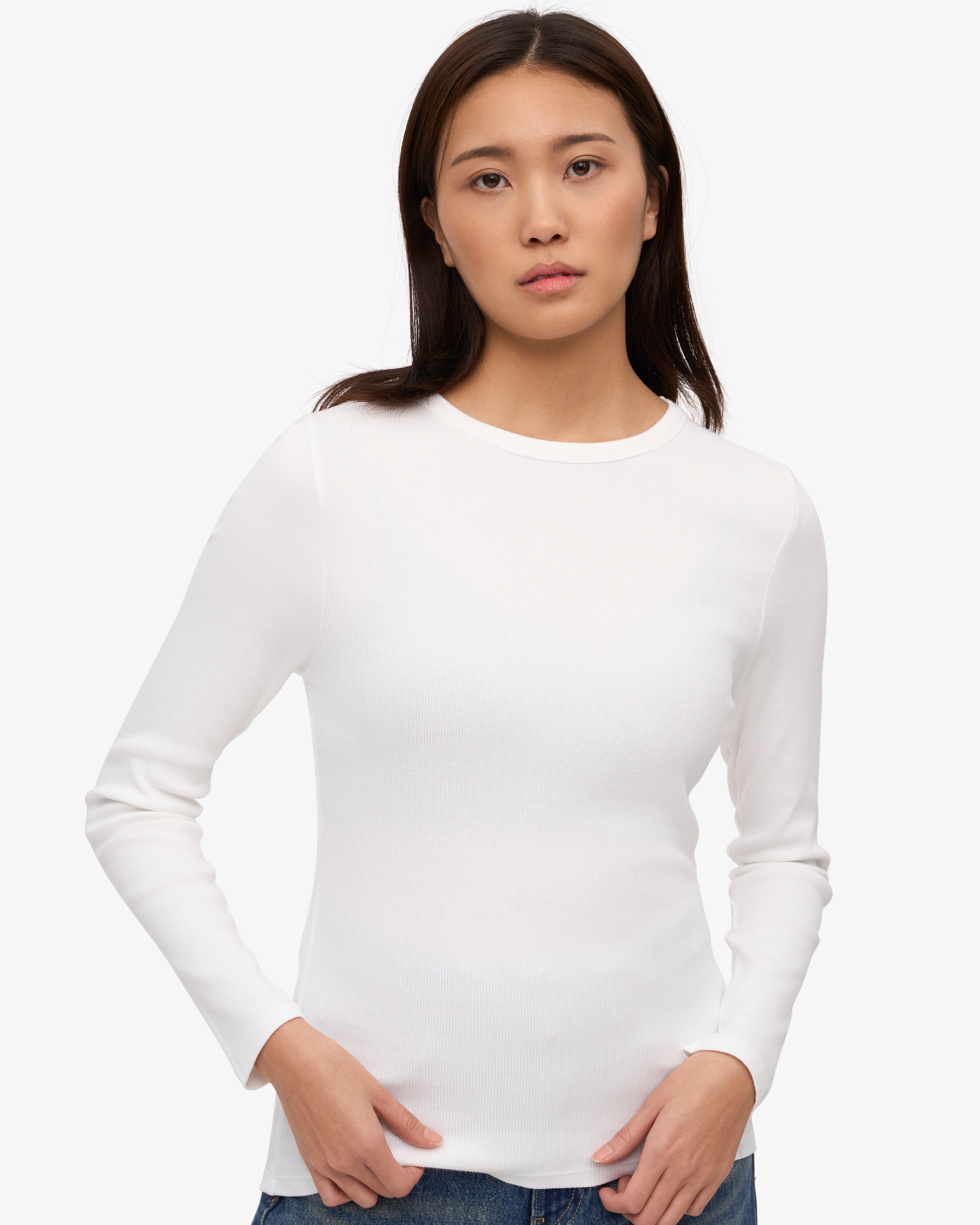 Organic Women's Long Sleeve Ribbed T-Shirt in Optical White - Perfect for Casual Wear, Layering & Everyday Comfort