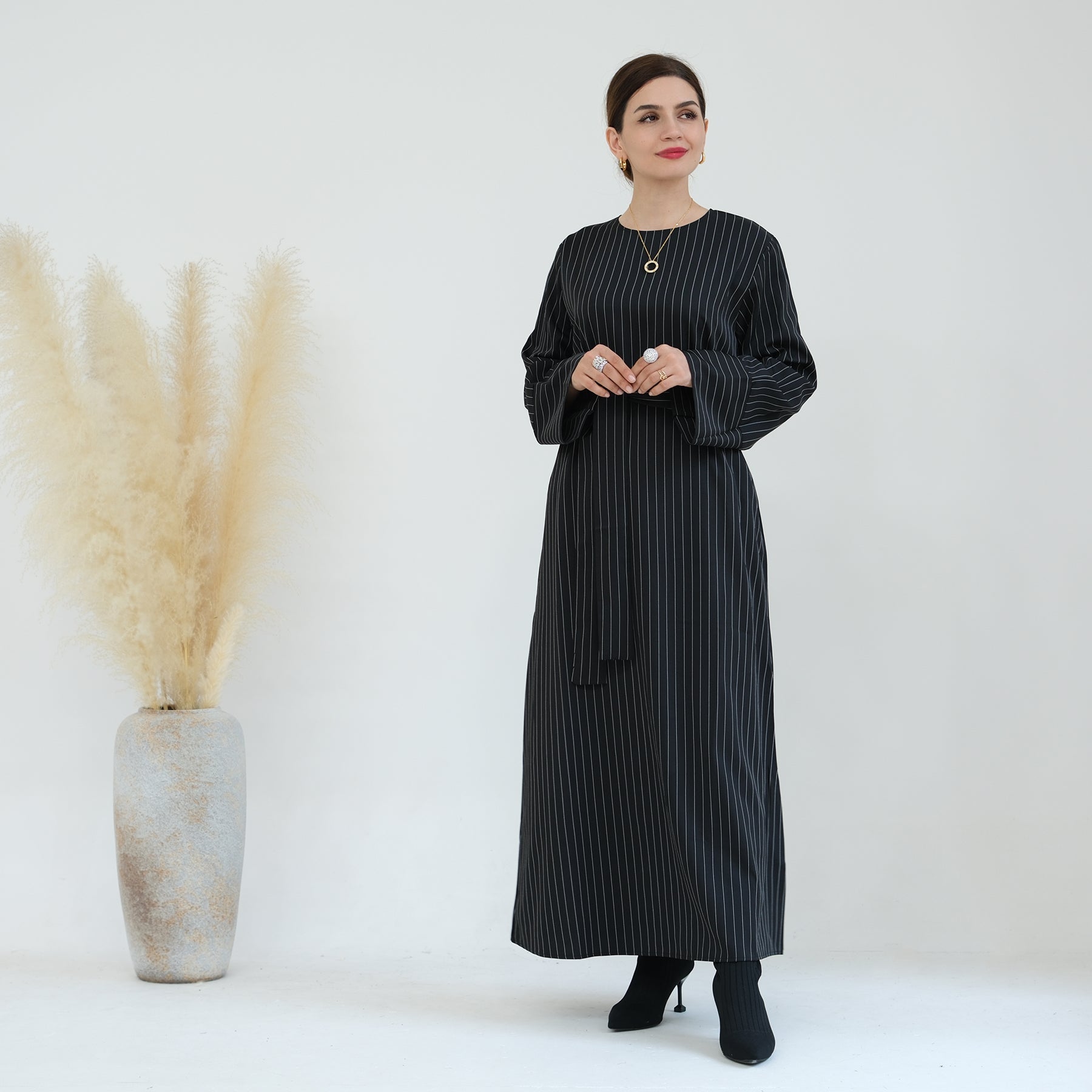 Janine Stripe Long Sleeve Belted Maxi Dress for Women - Elegant Black Flowy Dress for Parties, Weddings & Special Occasions