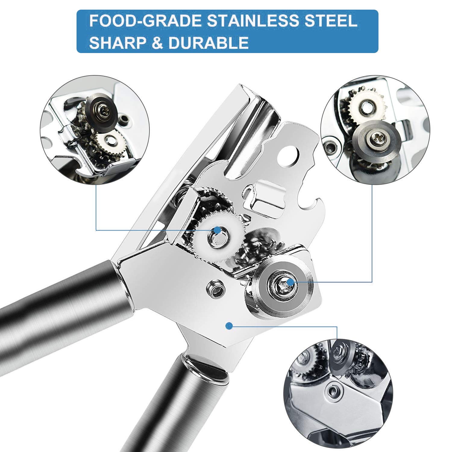 Premium Stainless Steel Manual Can Opener with Bottle Opener - Food Safe, Non-Slip Grip, Smooth Edge & Sharp Blade - Ideal for Kitchen, Camping, Picnics & Emergency Preparedness (Silver)