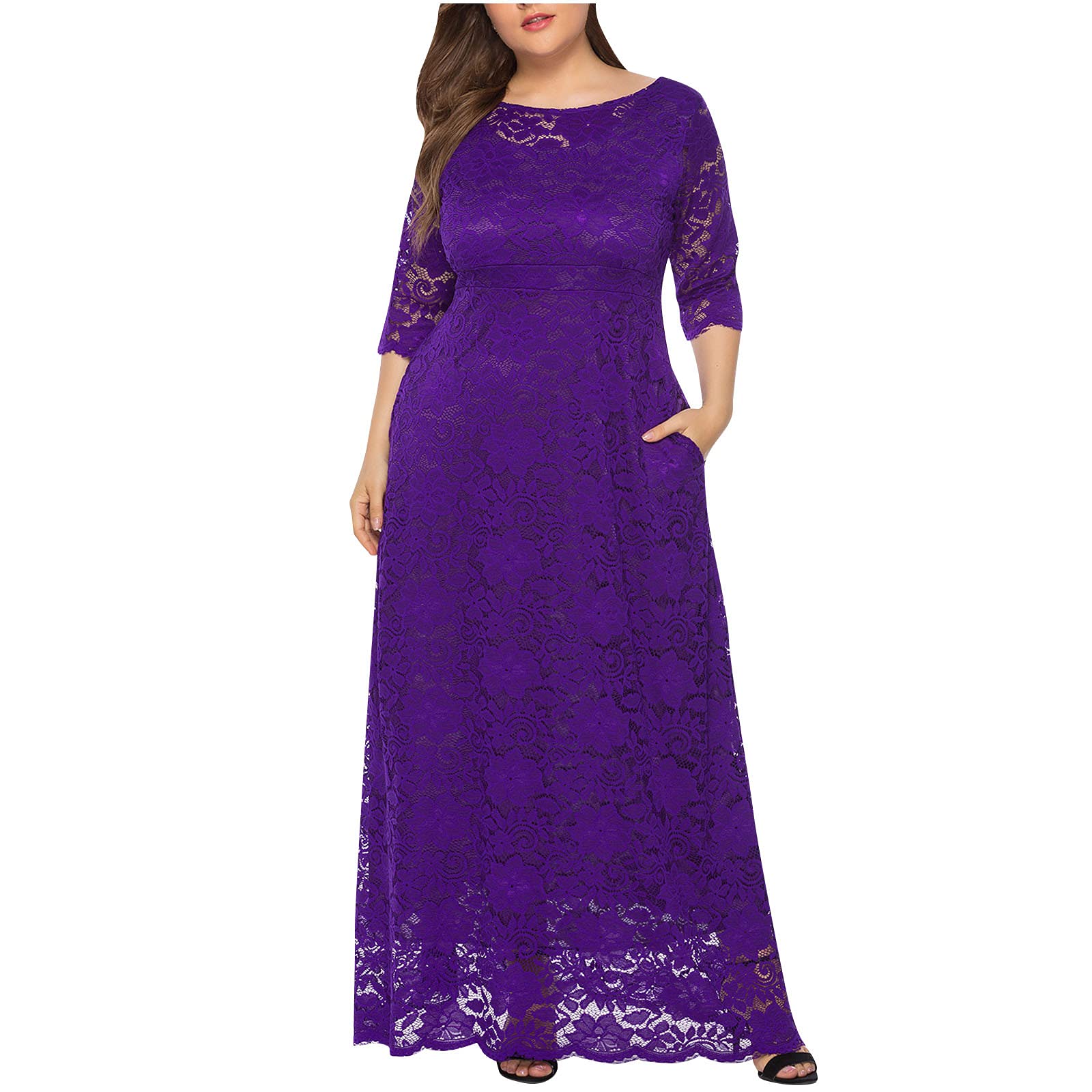 Elegant Plus Size Lace Maxi Dress for Women - Wedding Guest Dress with Round Neck, Long Sleeves & Pockets | Perfect for Weddings, Parties & Special Occasions