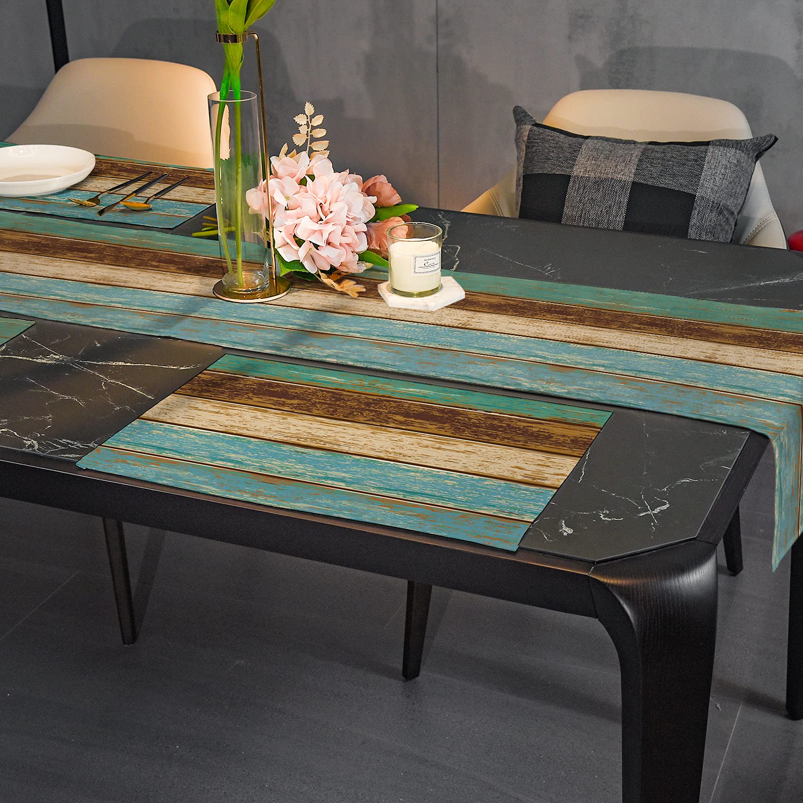 Farmhouse Table Runners 72 Inches Long - Wood Grain Spring Table Runner in Old Barn Wood Blue Brown - Heat Resistant Kitchen & Dining Room Decor for Coffee Tables, Perfect for Rustic Weddings and Seasonal Home Styling