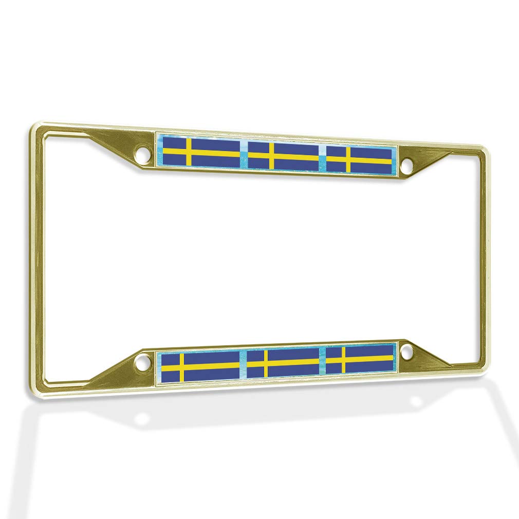 Sweden Flag Metal License Plate Frame - Weatherproof Gold Car Accessory with 4 Solid Holes - Perfect for Swedish Car Enthusiasts & National Pride Display