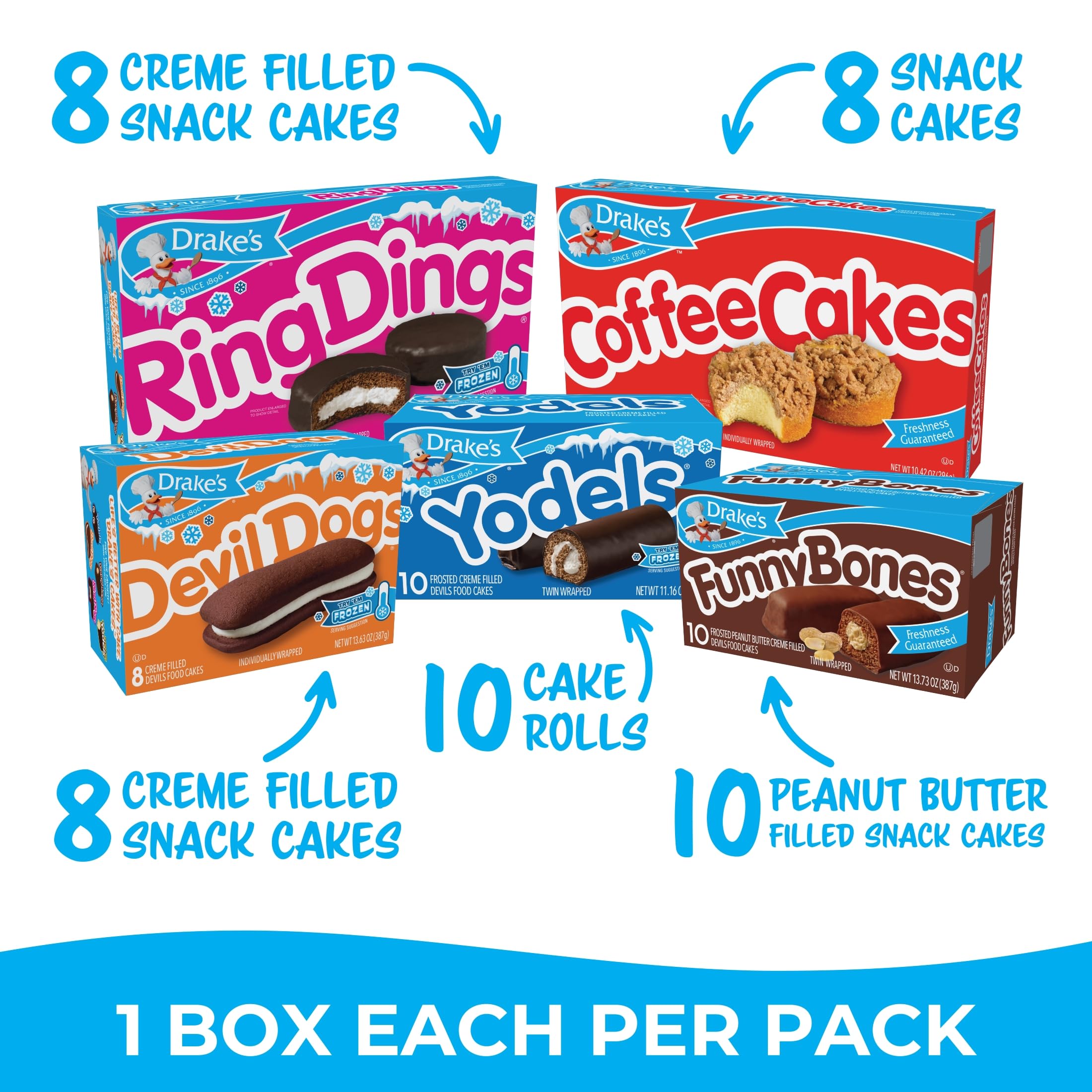Drake's Variety Pack - Yodels, Ring Dings, Devil Dogs, Funny Bones & Coffee Cakes | Chocolate Snack Cakes | Perfect for Parties, Office Snacks & Family Treats