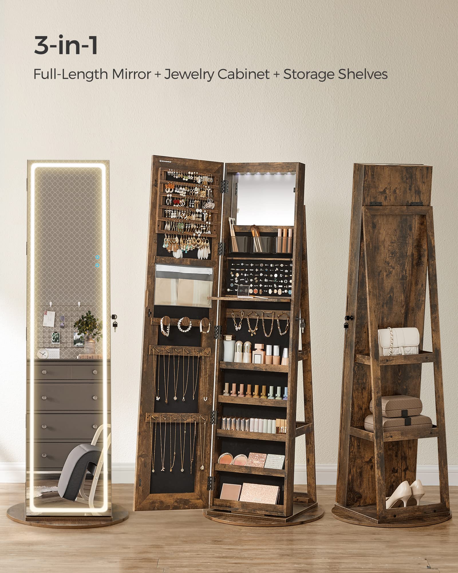 SONGMICS LED Jewelry Armoire with Full-Length Mirror - Lockable Standing Jewelry Cabinet with Adjustable Lighting, Rustic Brown UJJC008X01 - Perfect for Bedroom, Closet & Gift Giving