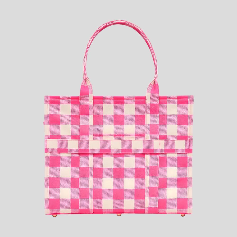 Large Bon Vivant Structured Tote Bag in Neon Pink Gingham - Stylish Women's Work Bag, Travel Carryall & Everyday Purse for Office, Shopping & Commute