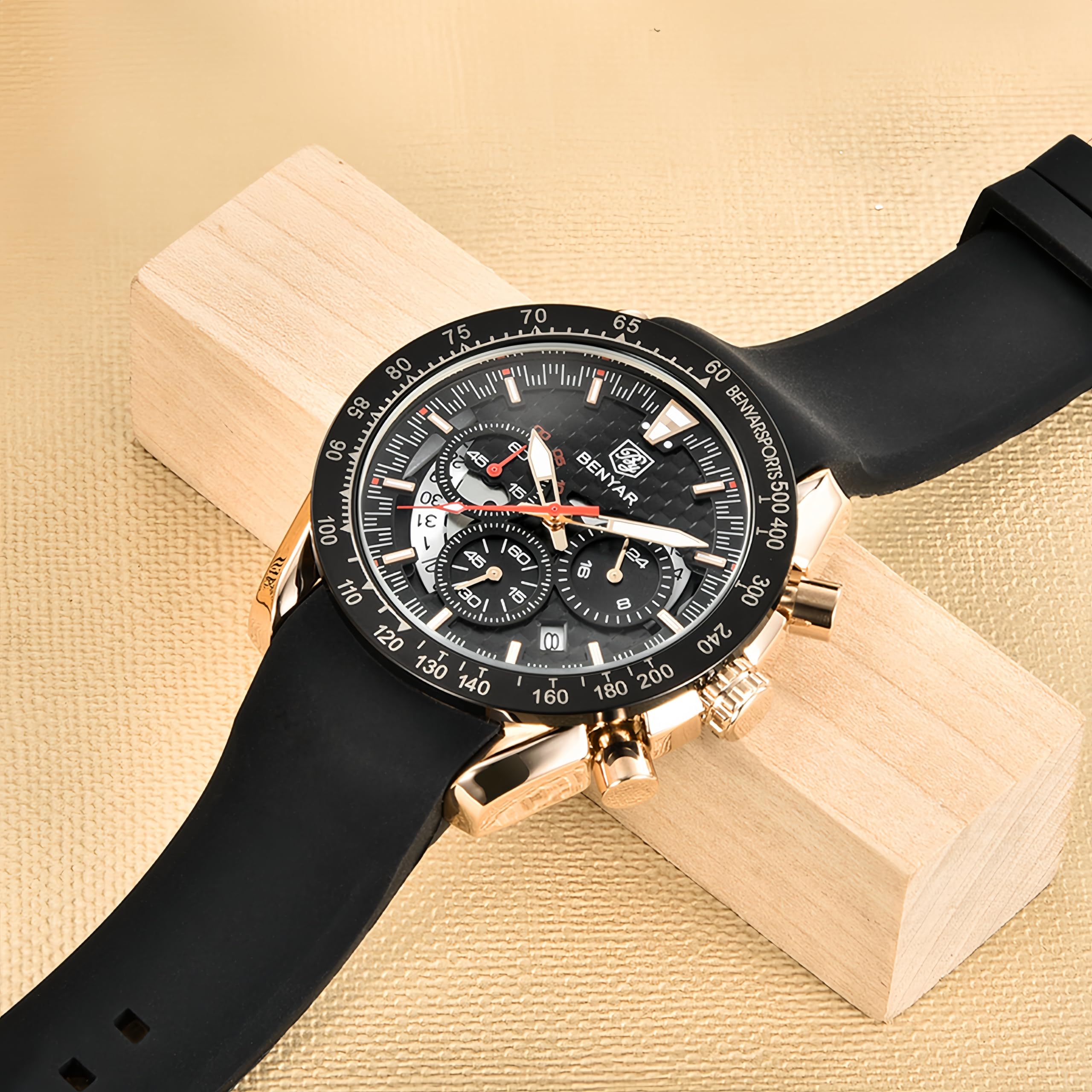 BY BENYAR Men's Sports Chronograph Watch - Stylish Analog Quartz Watch with Date Display, Waterproof 3ATM & Leather Strap - Perfect for Business, Casual & Outdoor Activities