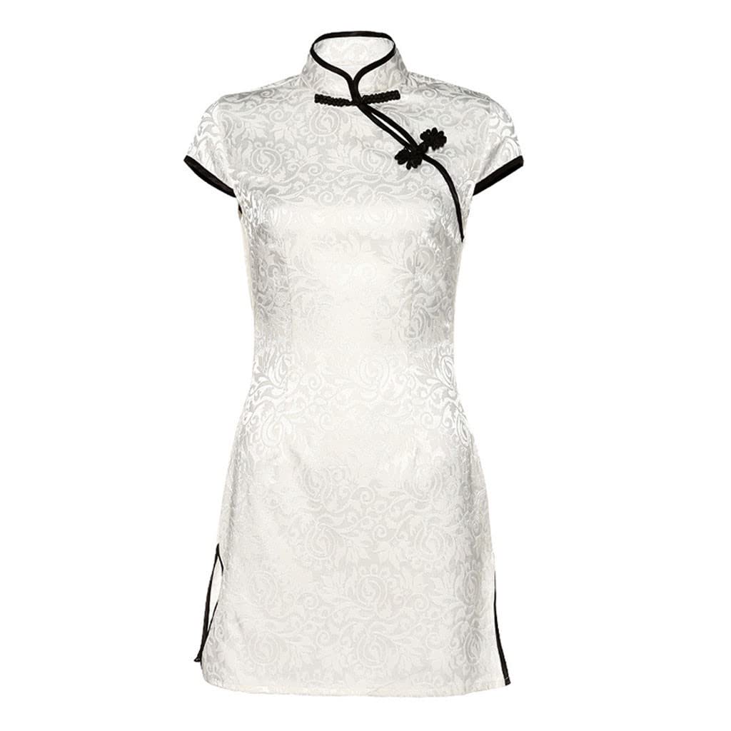 COMIOR Women's Summer Cheongsam Dress - Button Front Slim Fit Bodycon Pencil Dress with Floral Print | Chinese Style Sexy White Dress for Evening Parties, Date Nights & Special Occasions