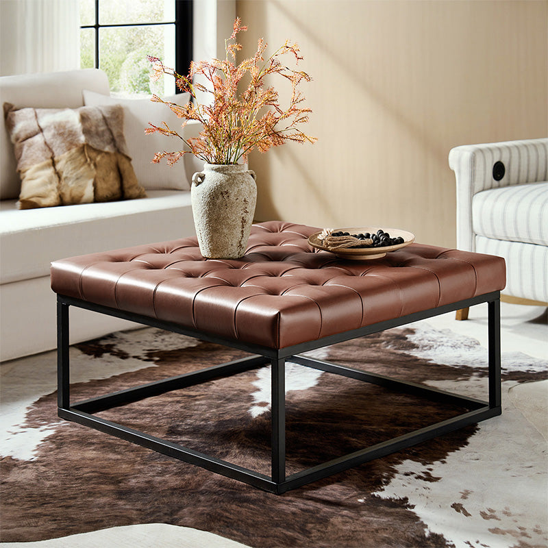 Genuine Leather Ottoman with Open Frame Base - Modern Footrest & Storage Stool for Living Room, Bedroom, or Office