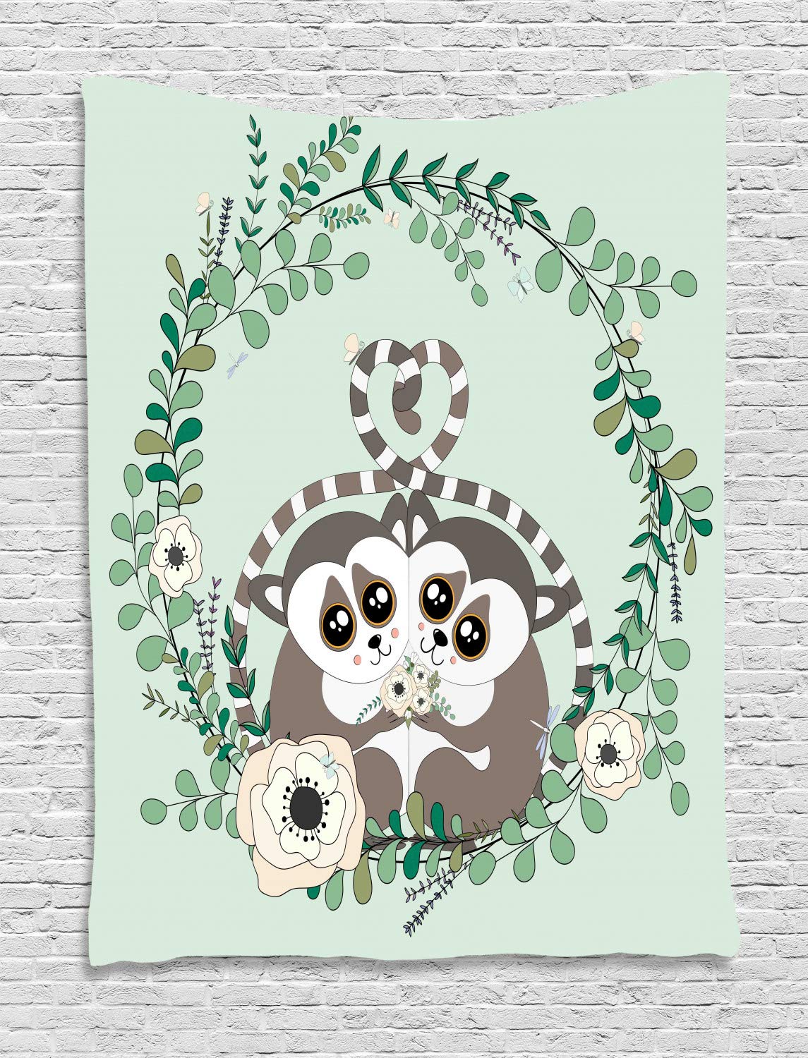 Ambesonne Lemur Tapestry Wall Hanging - Exotic Wild Monkey Couple Botanical Print Decor for Bedroom, Living Room, Dorm - 60