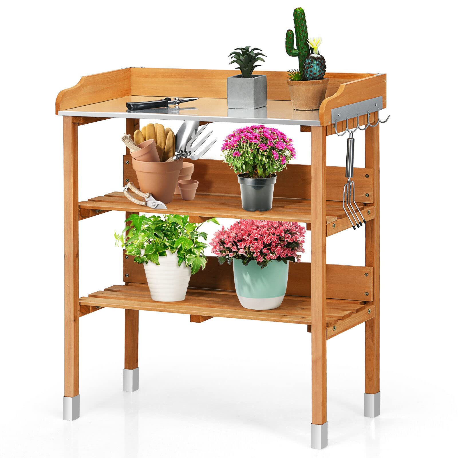 SAFSTAR Fir Wood & Metal Potting Bench with Open Shelves & Hanging Hooks - Heavy Duty Garden Workstation for Planting, Transplanting, and Outdoor Gardening - Perfect for Backyard, Balcony, and Greenhouse Use