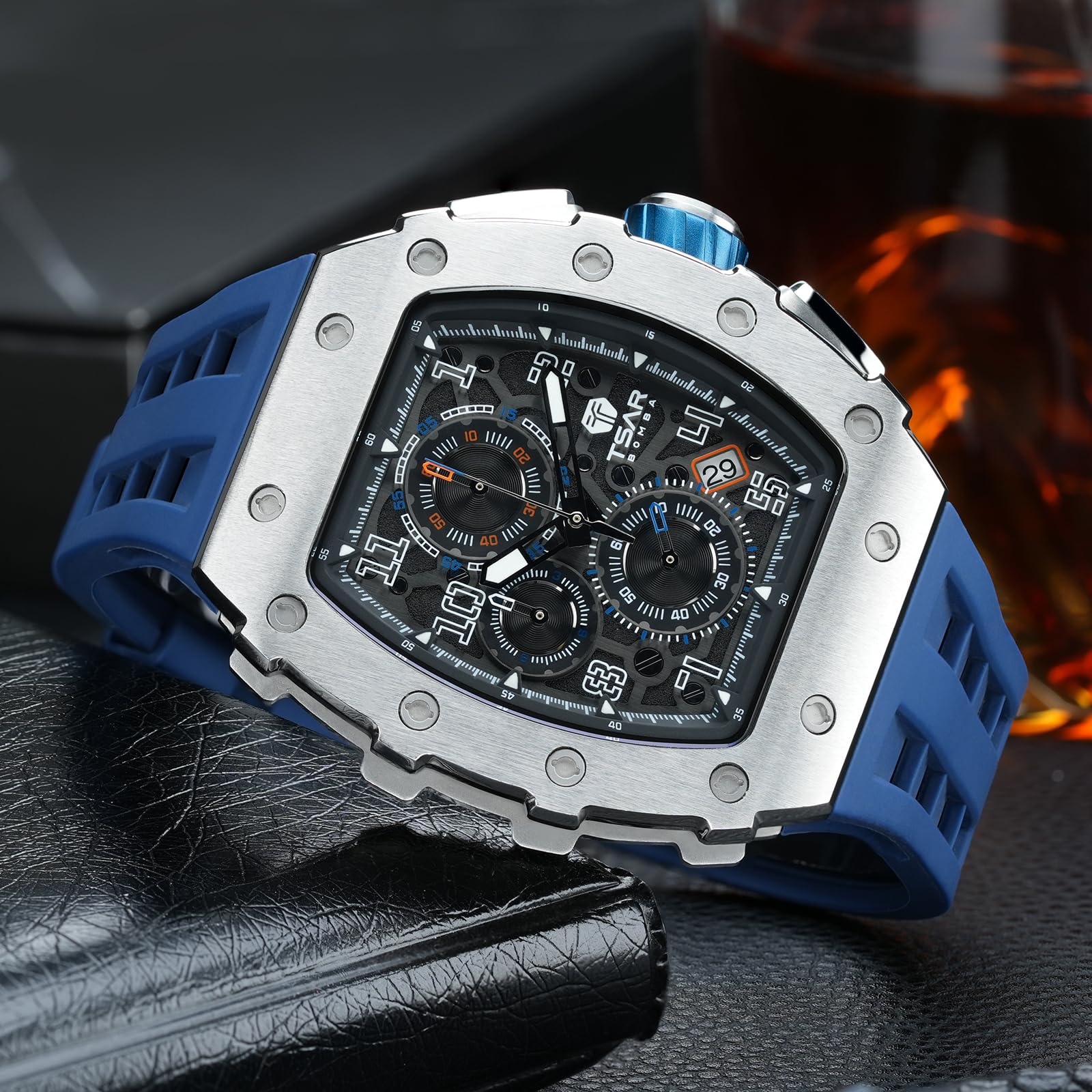 TSAR BOMBA Luxury Men's Watch - 50M Waterproof Tonneau Chronograph with Japanese Quartz Movement & Silicone Band - Perfect for Business, Casual Wear & Gifts for Men