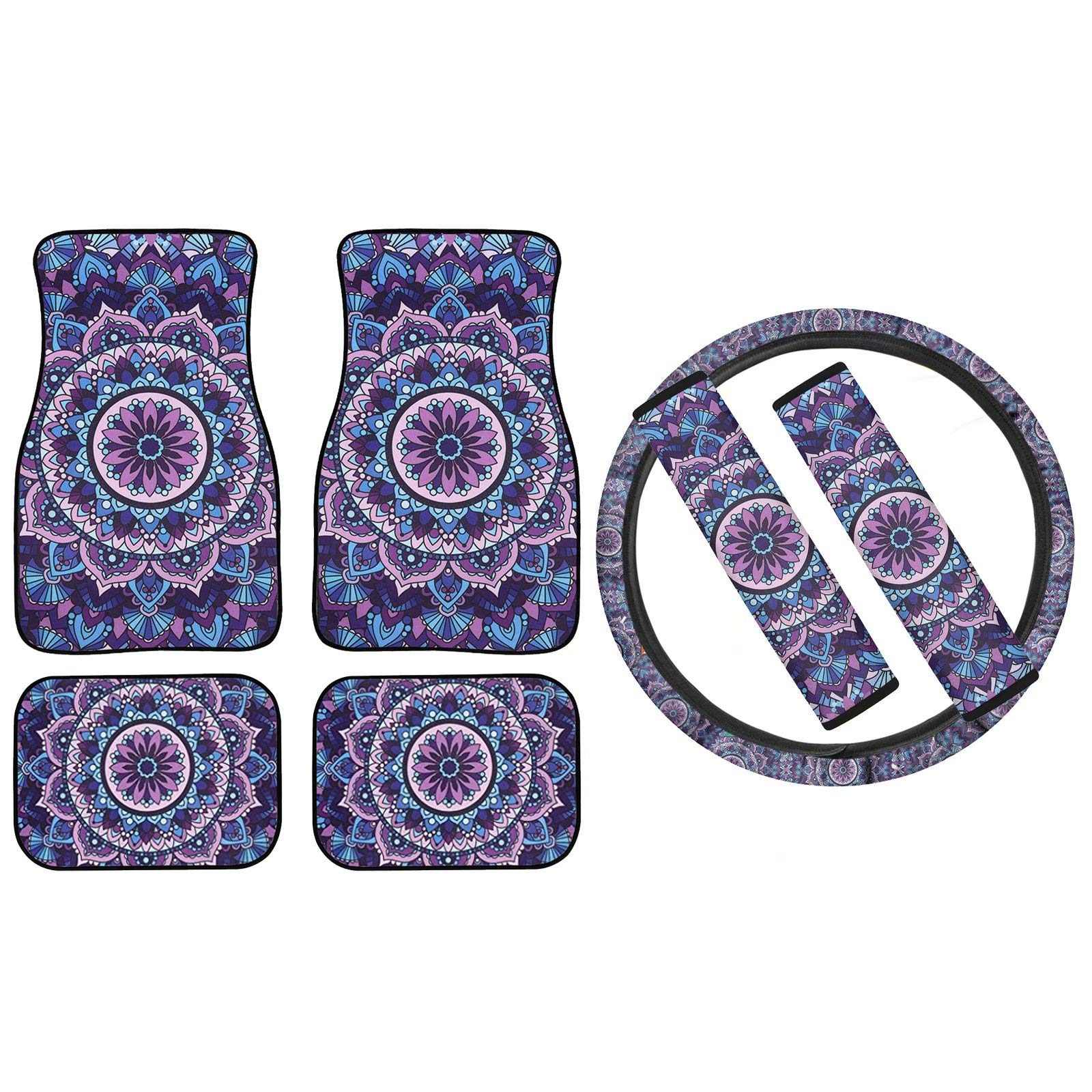 Premium Mandala Lotus Car Accessories Set - 7-Piece Neoprene Seat Belt Pads, Steering Wheel Cover & Car Mats for Women - Purple Boho Style for Comfort & Protection | Perfect for Road Trips & Daily Commutes