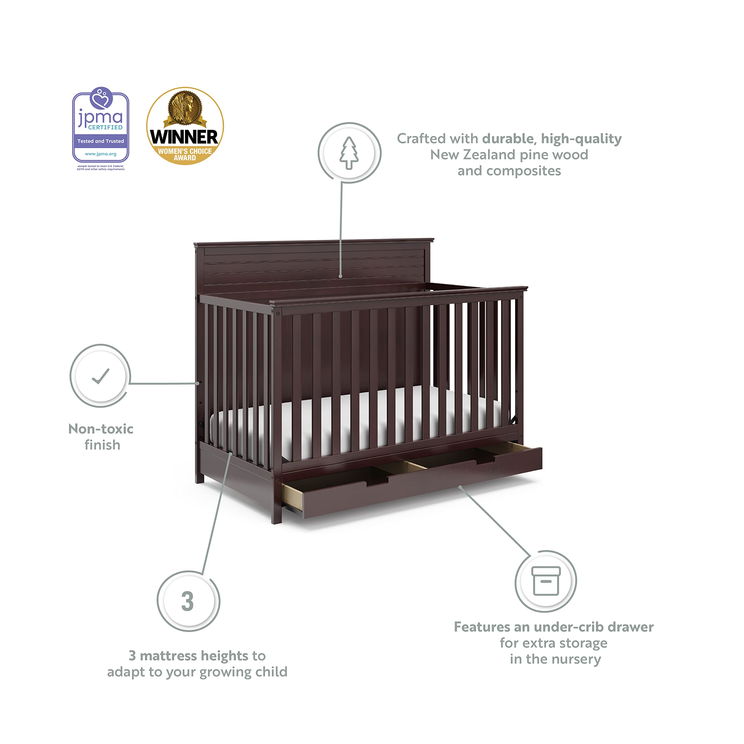 Storkcraft Homestead 5-in-1 Convertible Crib with Storage Drawer in Espresso - Baby Crib to Toddler Bed, Daybed & Full Bed Conversion - Nursery Furniture with Built-in Storage - Perfect for Small Spaces & Growing Families