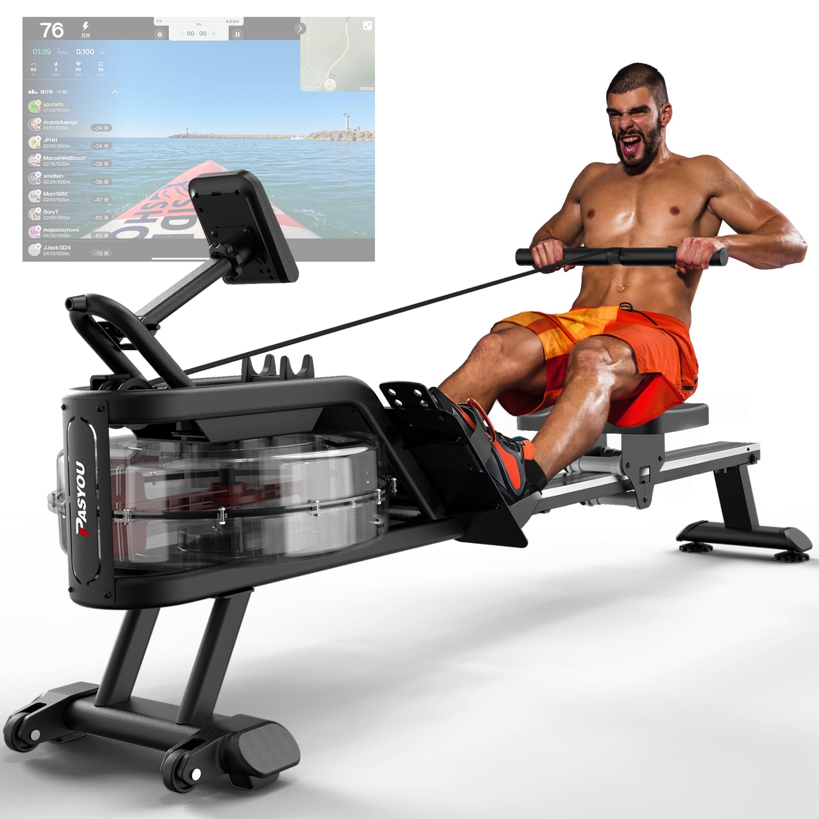 PASYOU Water Rowing Machine for Home Use - 350LBS Weight Capacity, Bluetooth Connectivity & LCD Monitor - Perfect for Cardio Workouts, Full-Body Training and Home Gym Fitness