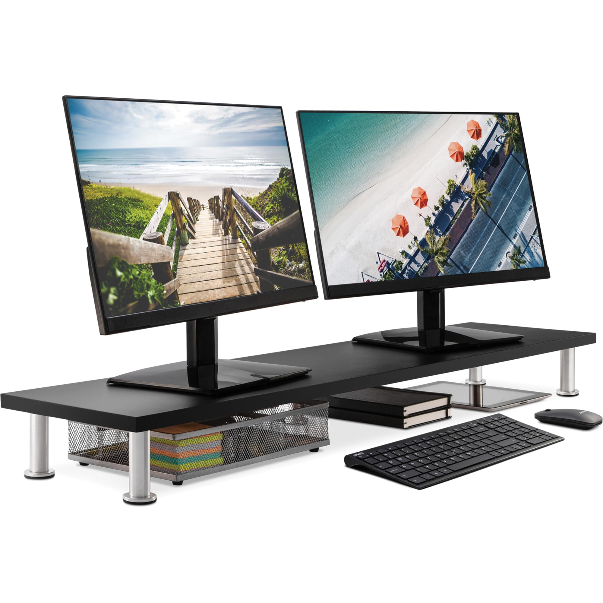 Original Bamboo Dual Monitor Stand (As Seen On PBS) - 42 Inch Large Monitor Riser for Computer Screens, Laptop or TV - Desk Shelf Organizer with Extra Storage Space - Ergonomic Workspace Solution for Home Office & Gaming Setup - Black