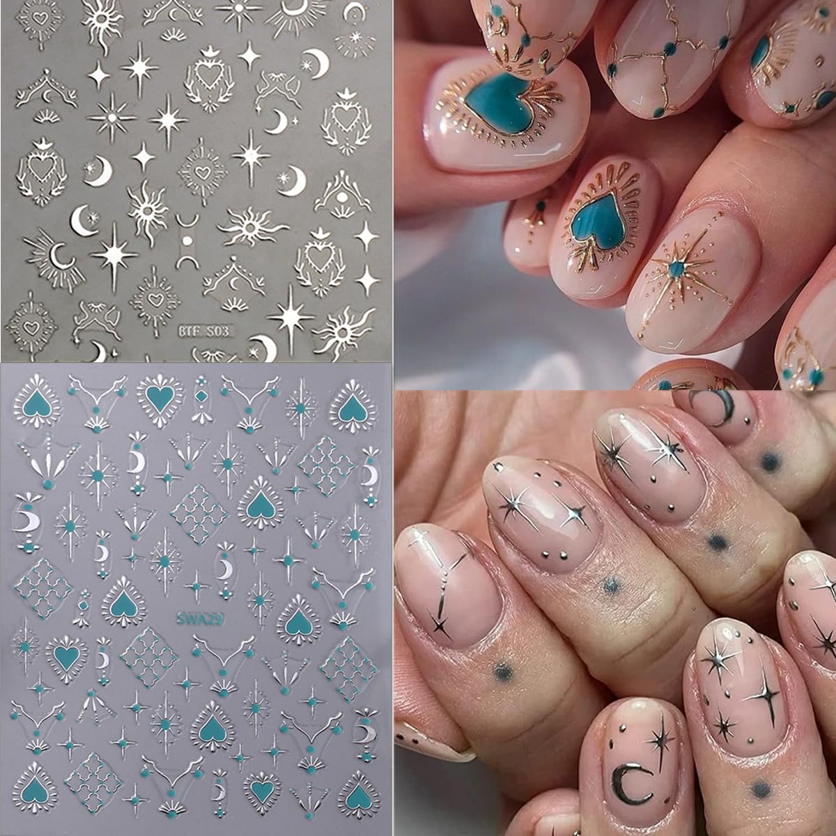 8 Sheets Sun Moon Star Nail Stickers - Silver Gold Heart 3D Self-Adhesive Nail Art Decals for DIY Manicure, Blue Green Red Stars Nail Design Stickers for Women & Girls - Perfect for Parties, Holidays & Nail Salon Decoration