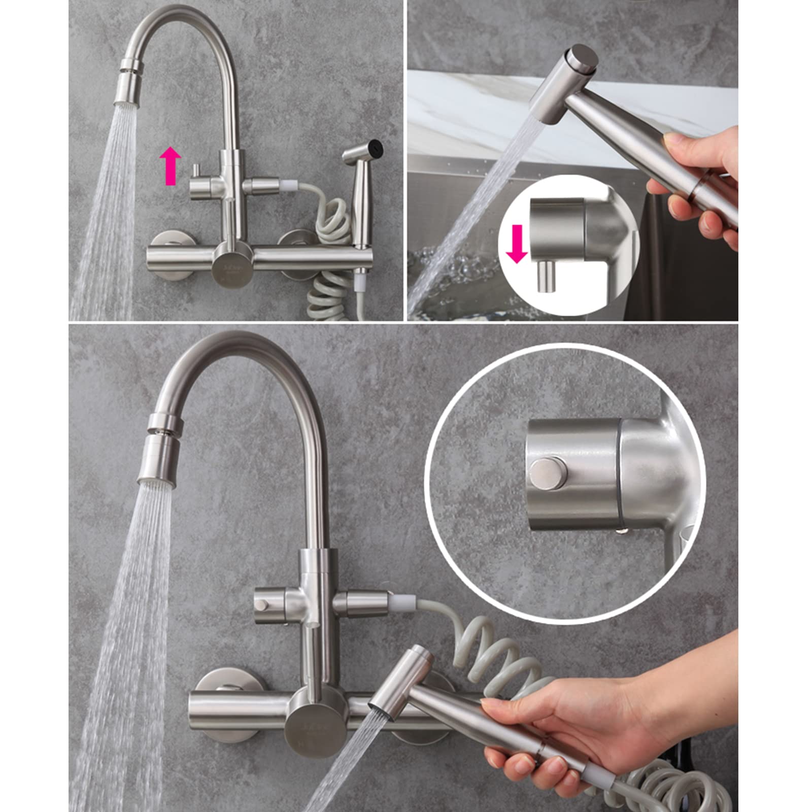 Commercial Grade 360° Swivel Brushed Stainless Steel Kitchen Faucet with Pull Down Sprayer - Wall Mount Double Hole Hot & Cold Water Mixer Tap - Dual Mode Spout for Restaurant & Home Kitchen Sink