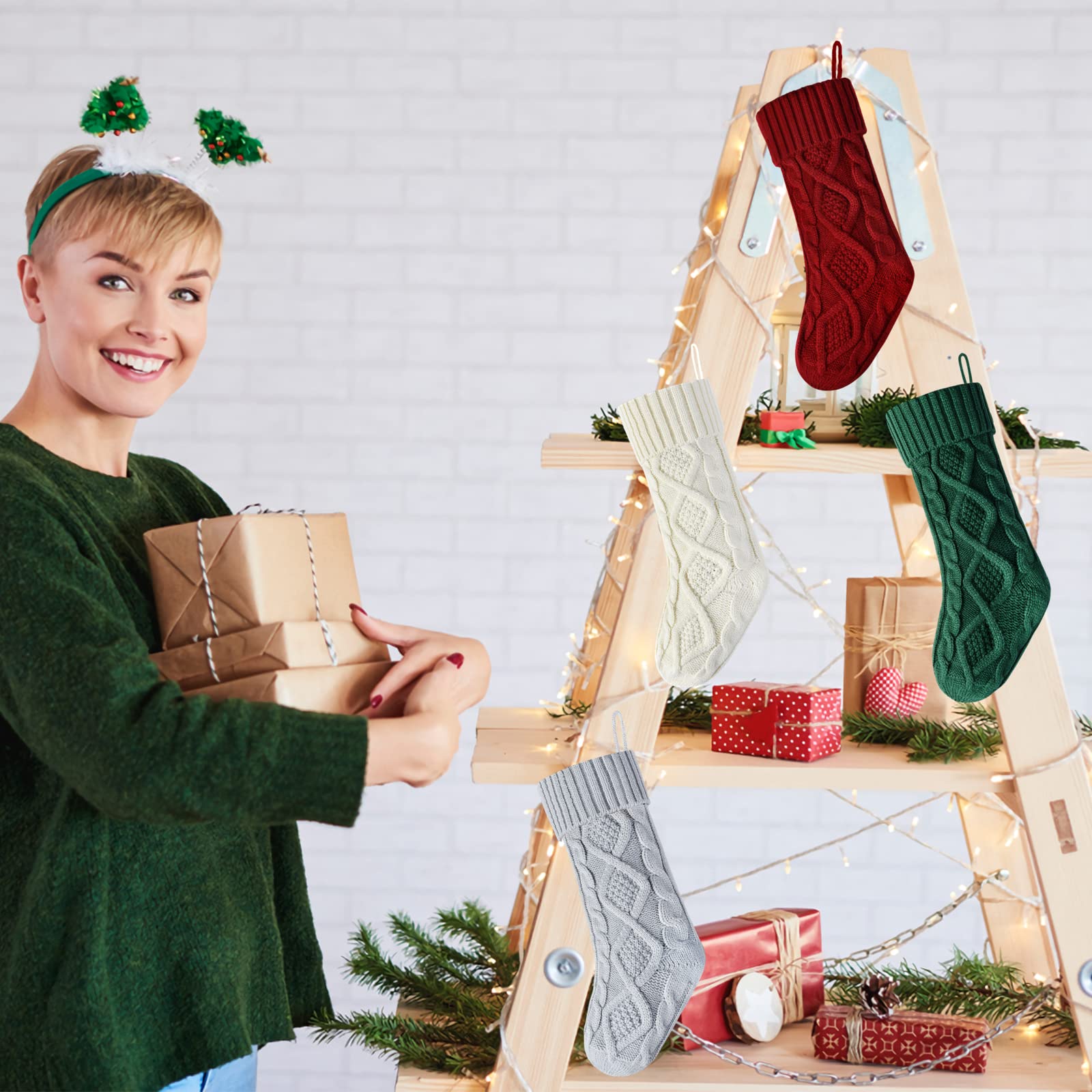 4-Pack 18 Inch Knit Christmas Stockings - Burgundy, Green, Ivory & Gray Holiday Decorations for Fireplace Mantel, Gift Exchange & Festive Home Decor
