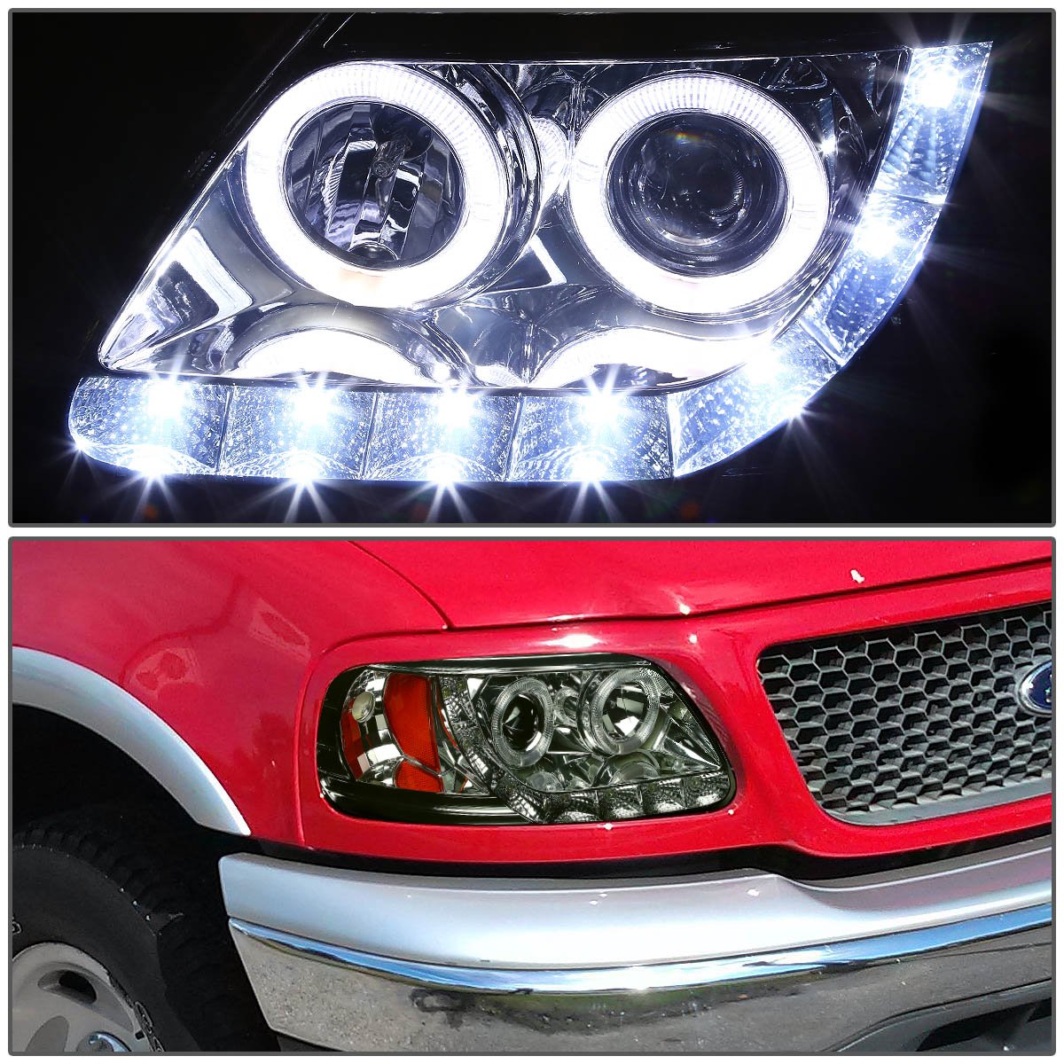 Auto Dynasty LED DRL Dual Halo Smoked Amber Corner Projector Headlight + Tool Kit - Compatible with Ford F-150, F-250, Expedition 1997-2004 Models | Upgrade Your Truck's Style & Visibility for Night Driving & Off-Road Adventures