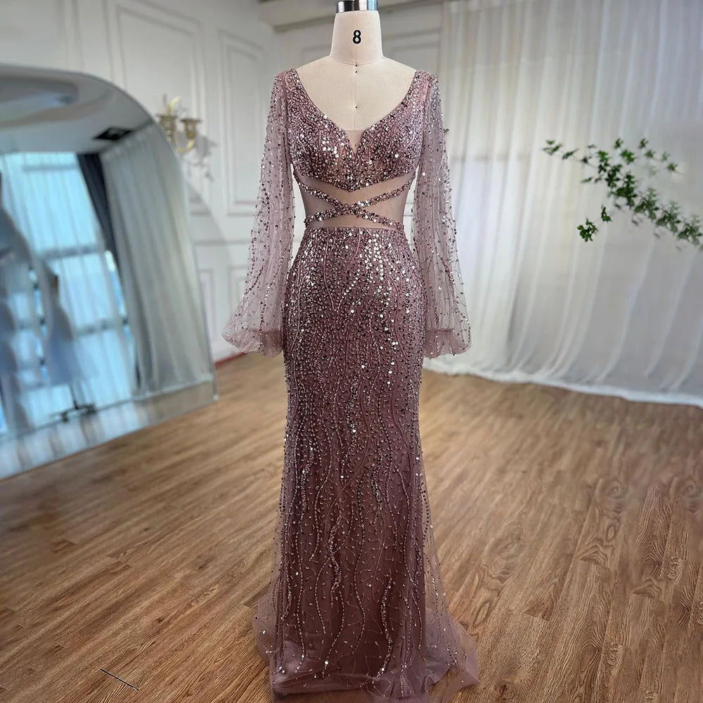 Elegant Beaded V-Neck Mermaid Evening Gown for Women - Sexy Mint Green Arabic Luxury Party Dress - Perfect for Prom, Gala, and Formal Events 2025 LA71784