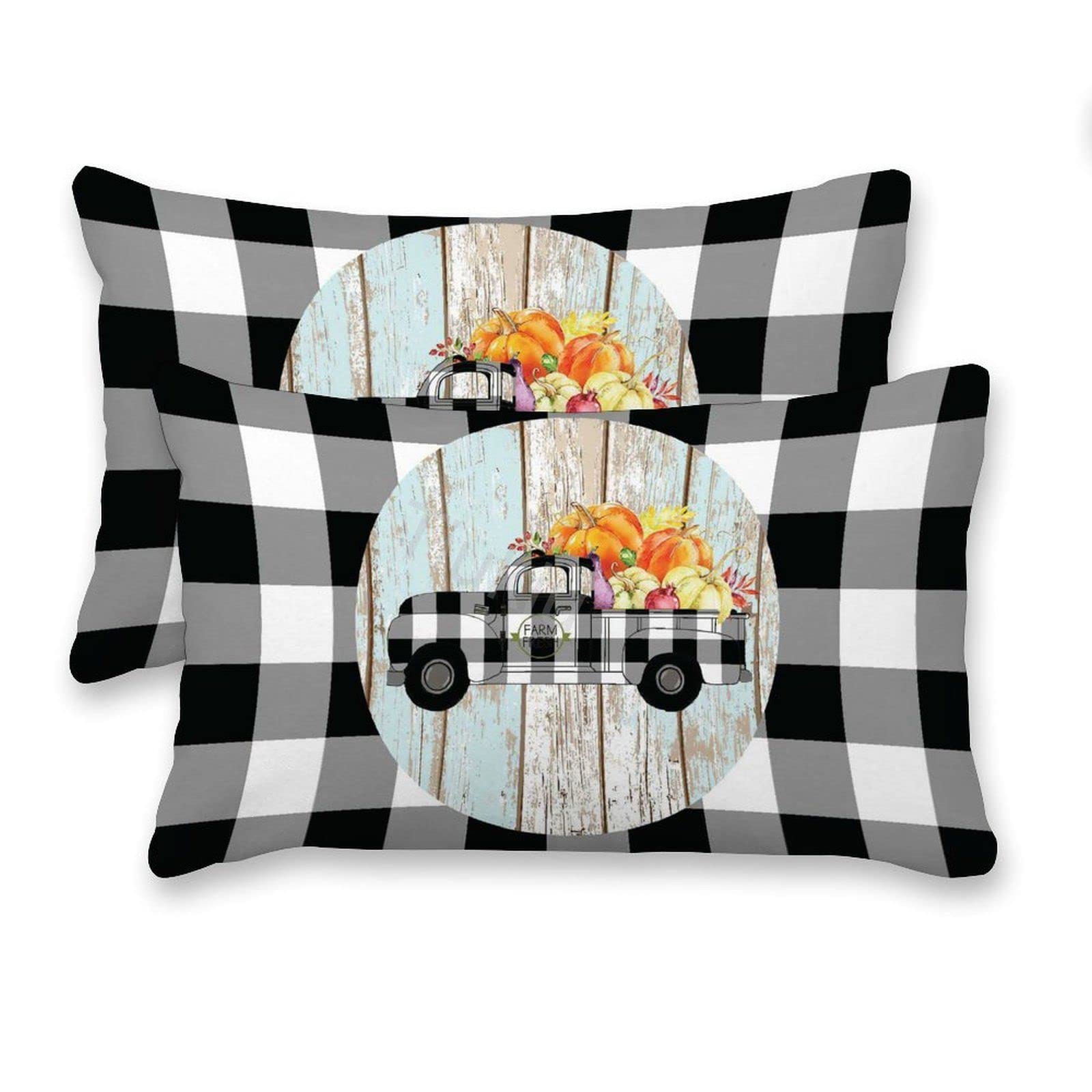 Decorative Lumbar Pillow Covers Set of 2 - 16x26 Inch Canvas Plaid Car Rustic Wooden Board Rectangular Throw Pillow Covers for Couch, Bed, Sofa & Living Room - Perfect for Farmhouse, Rustic & Modern Home Decor