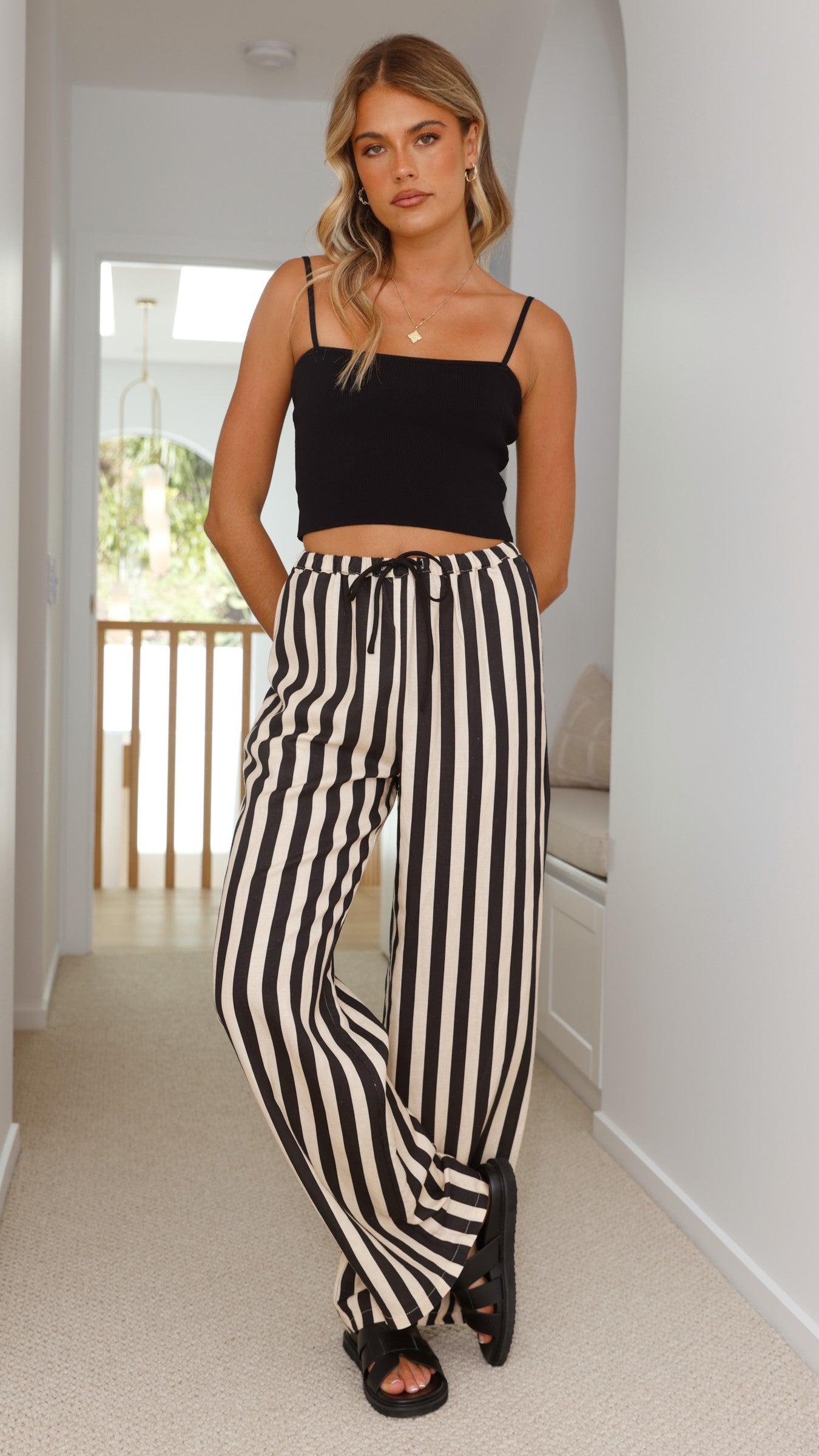 Josie Pants for Women - Black & Beige Striped High-Waisted Trousers | Comfortable Office Wear & Casual Outfits