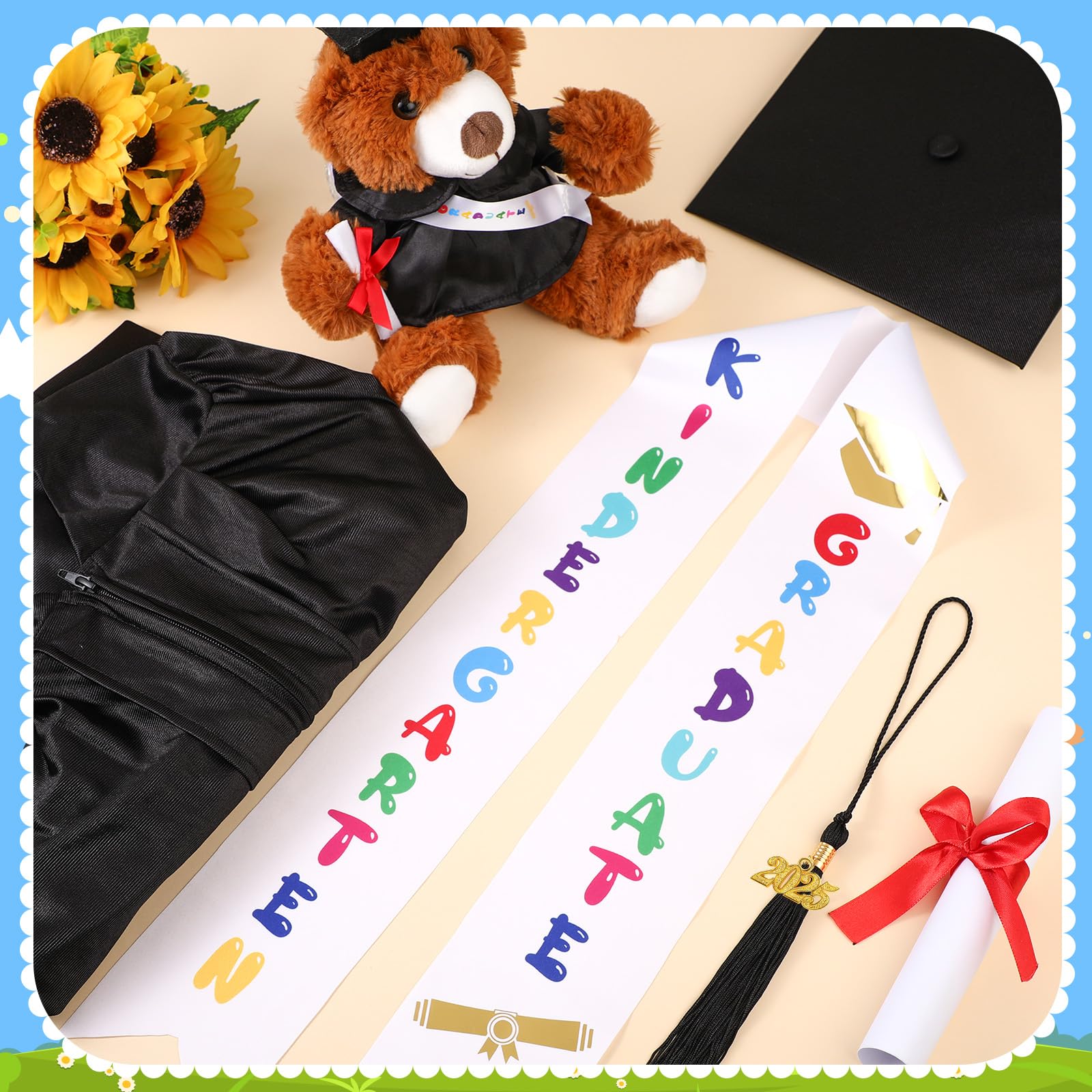 Sintuff 7-Piece Kindergarten Graduation Set - Gown, Cap, Stole, Tassel & Sash with Bear Charm - 2024 Preschool Graduation Accessories & Gifts for Kids - Perfect for Ceremonies, Photos & Keepsakes