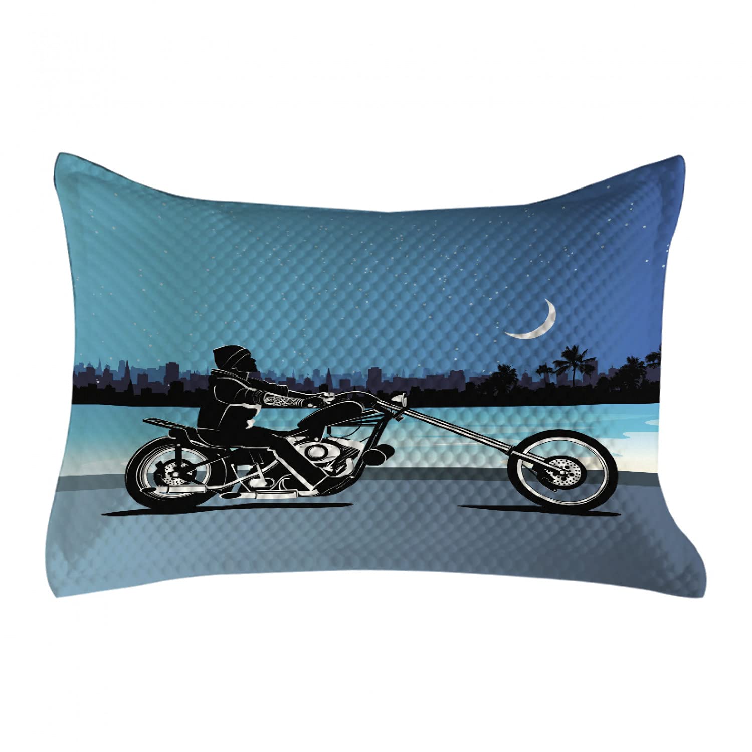 Ambesonne Motorcycle Quilted Pillow Cover - Chopper Biker Riding Starry Night Sky Cityscape Silhouette Art - Standard Queen Size 30x20 Inch - Black Navy Home Decor for Bedroom, Living Room, Man Cave & Biker Gifts