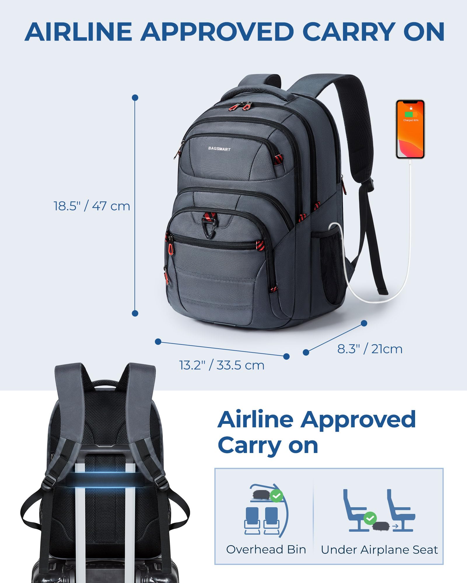 BAGSMART 17.3 Inch Large Travel Laptop Backpack for Men & Women - Waterproof Airline Approved Carry On Backpack with USB Charging Port - Perfect for Business, College, Hiking & Weekend Trips - Black