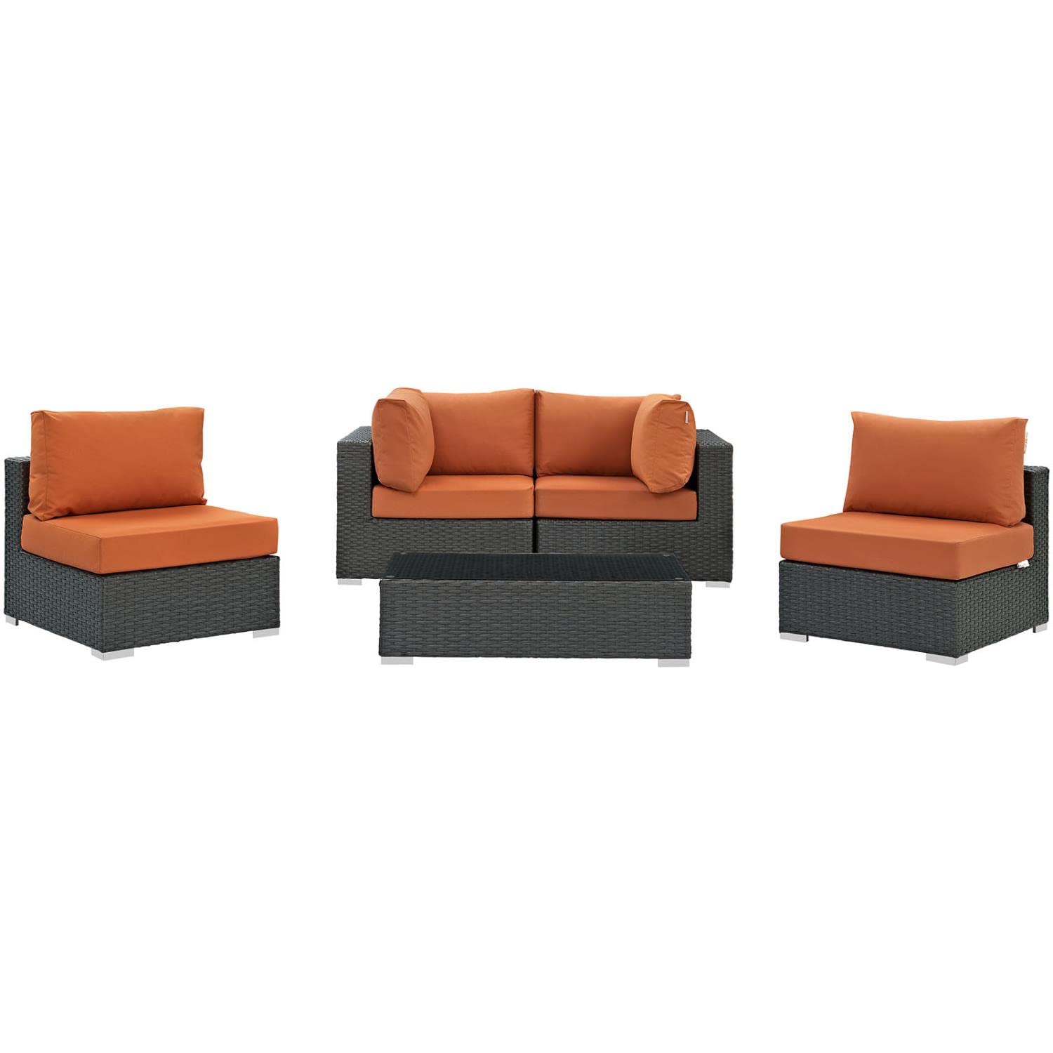 Modway Sojourn 5-Piece Outdoor Patio Sectional Set - Wicker Rattan Furniture with Sunbrella Canvas Cushions in Tuscan Beige - Perfect for Backyard, Poolside & Garden Relaxation
