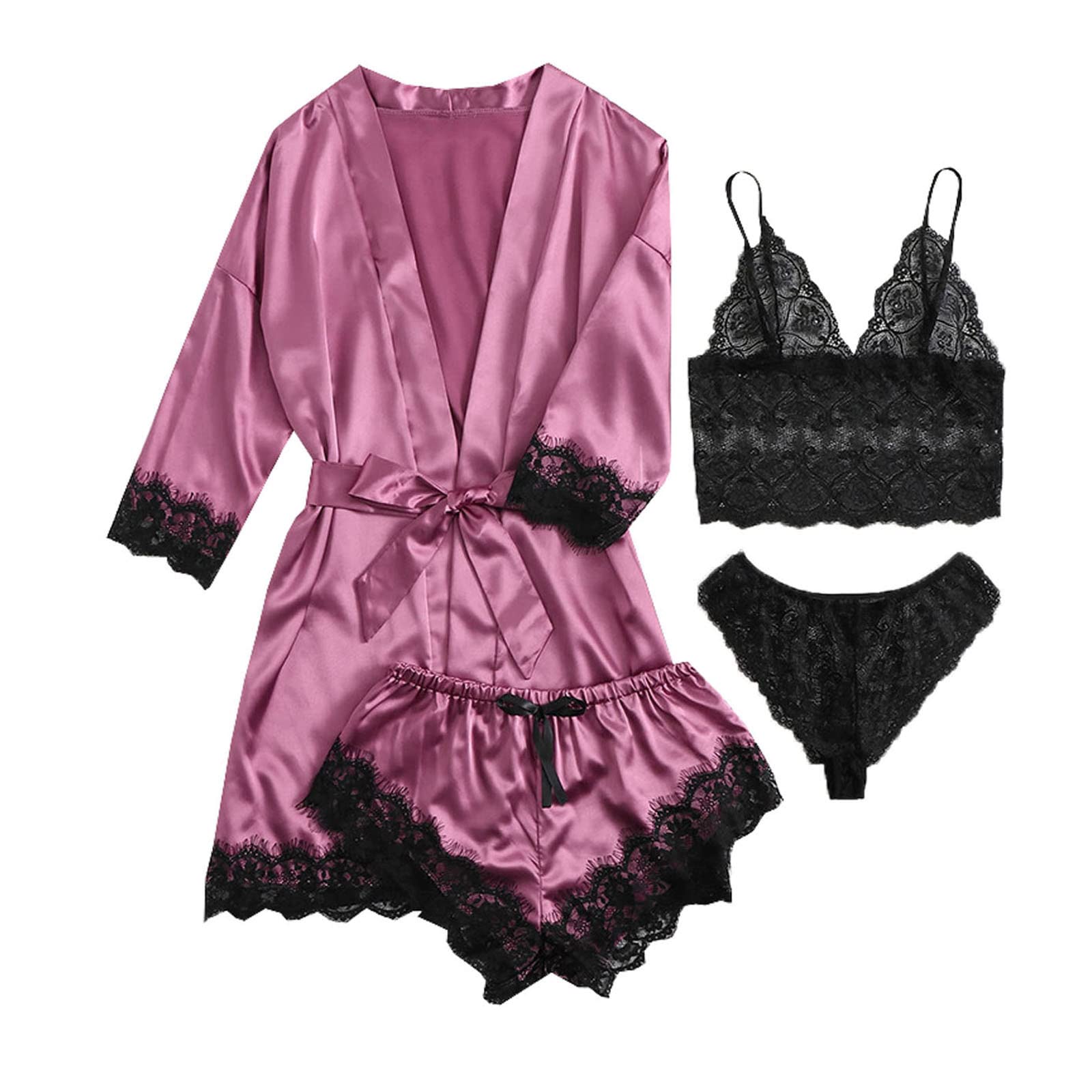 Women's Lace Bodysuit & Satin Pajama Set with Robe - Comfortable Sleepwear & Lounge Wear for Women, See Through Shirt, XS-XXL - Perfect for Bedtime, Relaxing at Home, and Romantic Occasions