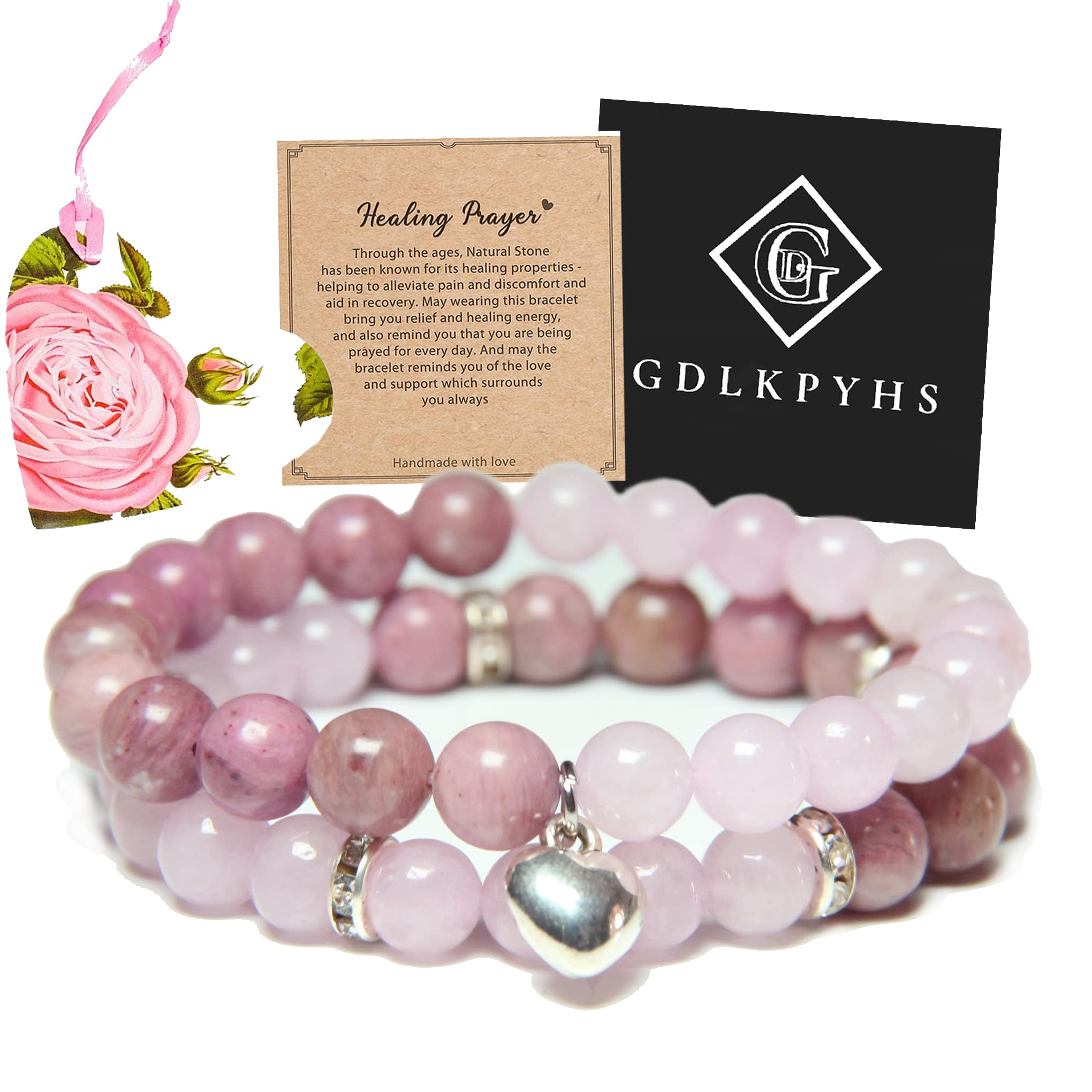 Healing Bracelets for Women - Rose Quartz & Rhodonite Crystal Bracelet with 8mm Natural Stones - Stress Relief, Yoga Meditation, Get Well Soon Gifts for Her - Perfect for Spiritual Healing, Wellness & Positive Energy