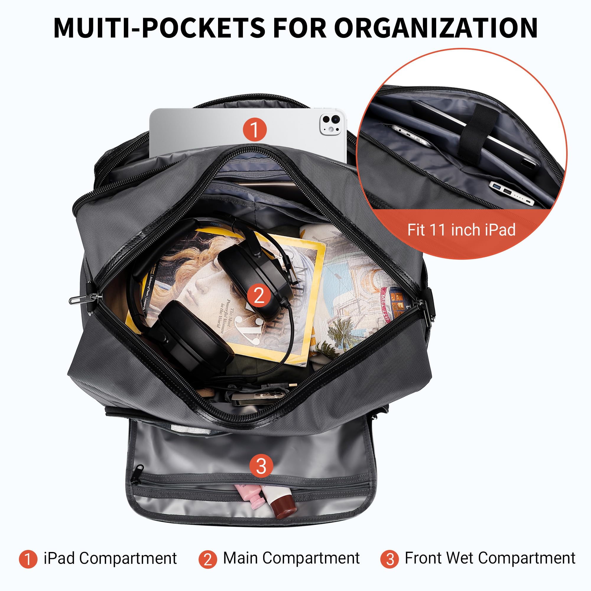 WITZMAN Weekender Travel Duffle Bag for Men & Women - Carry On Overnight Bag with Toiletry Pouch & Shoe Compartment (B694 Silvery Grey) - Perfect for Gym, Business Trips & Weekend Getaways