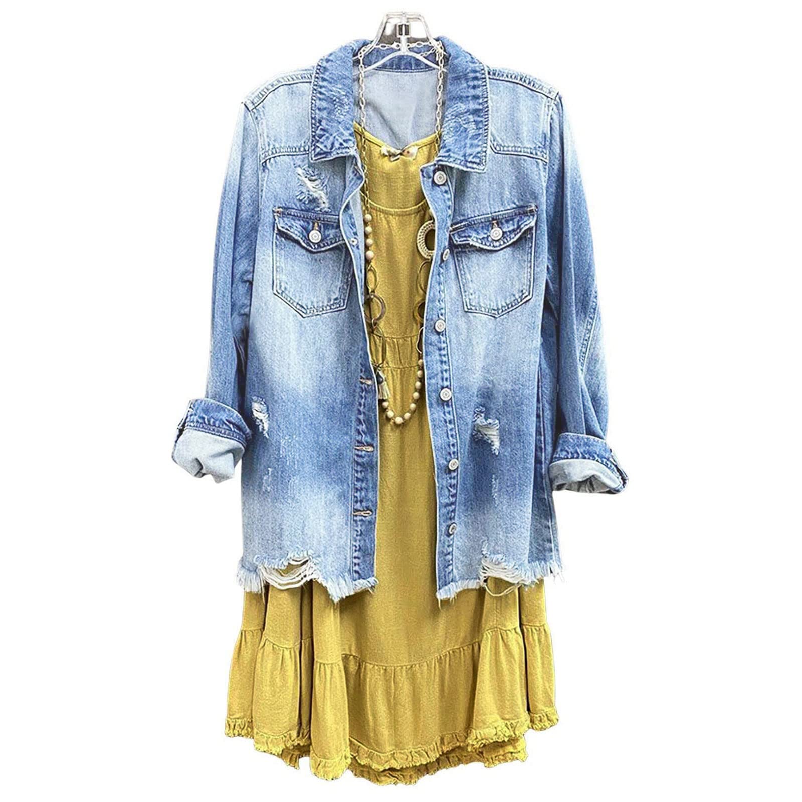 Women's Distressed Denim Jacket - Ripped Button Down Mid-Length Casual Jean Coat for Women | Perfect for Streetwear, Layering & Everyday Fashion