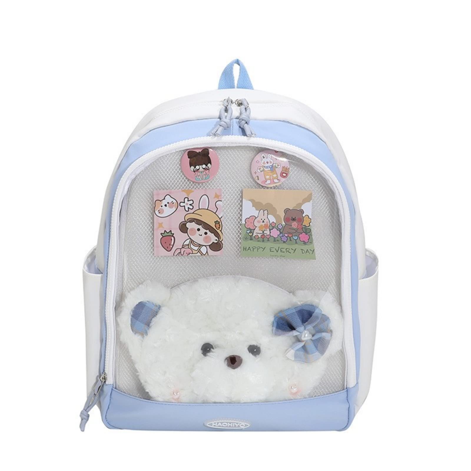 Cute Clear Front Backpack with Bear Purse - Pink Japanese School Bag for Girls & Teens - Kawaii Ita Bag, Criss Cross Daypack, Satchel (Blue) - Perfect for School, Travel, and Anime Conventions