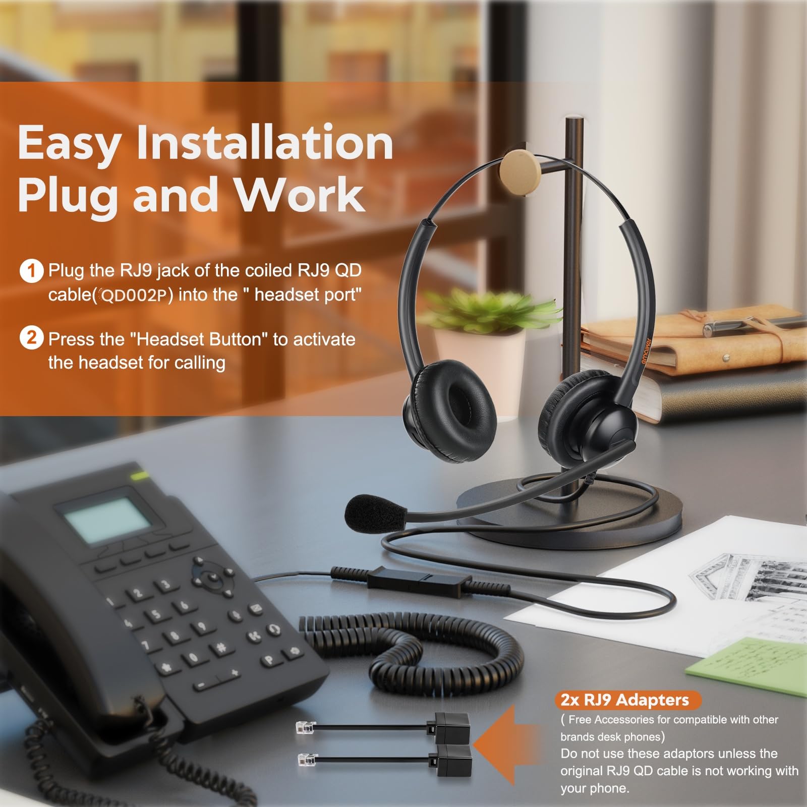 Noise Cancelling Corded Telephone Headset with Clear Mic - U10P RJ9 Plug Compatible with Polycom, Panasonic, Siemens, VVX, Avaya, Nortel & Mitel IP Phones - Perfect for Call Centers, Offices & Remote Work