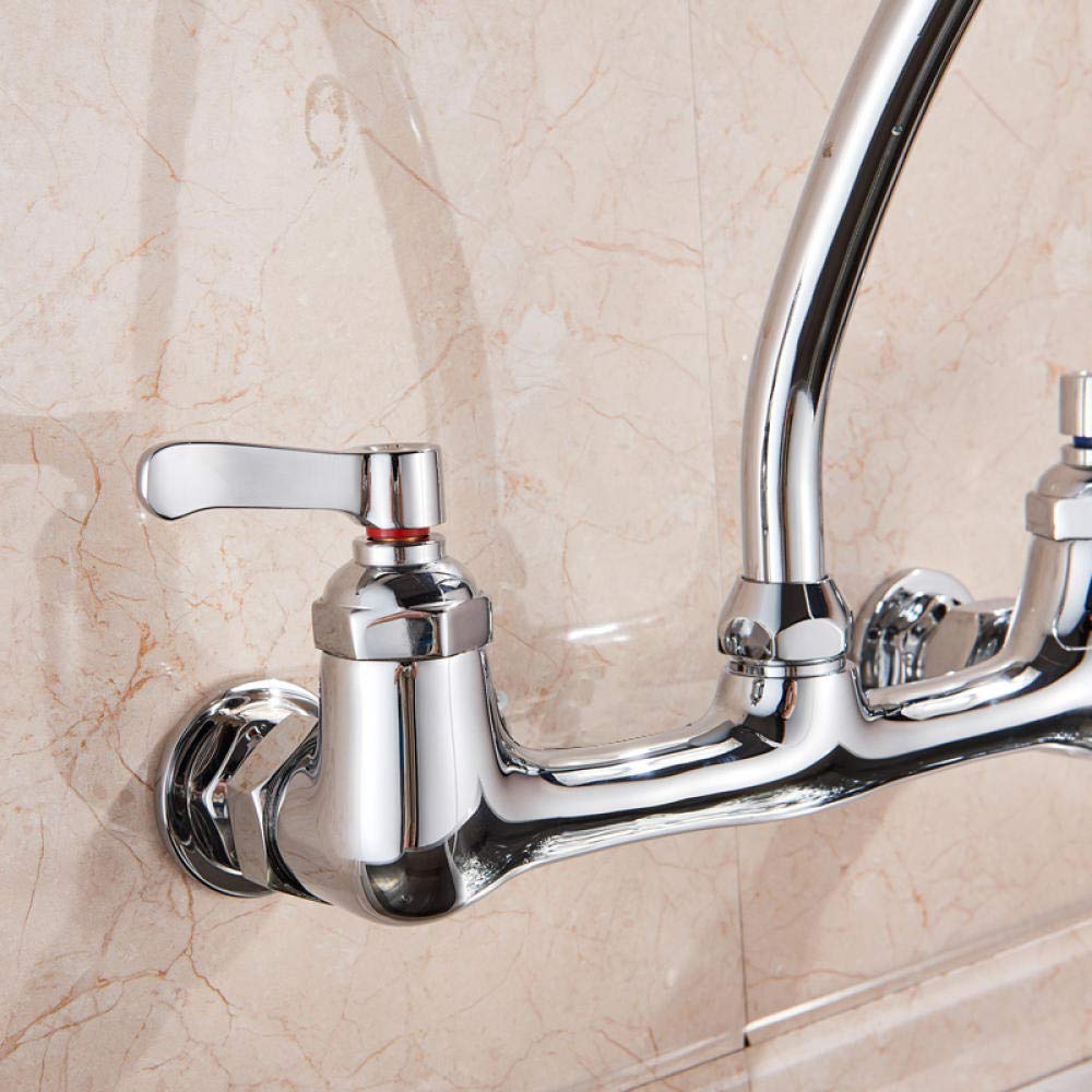 360° Swivel Chrome Wall Mounted Kitchen Faucet - Dual Handle Hot & Cold Water Mixer Tap with Goose Neck Spout for Modern Kitchen Sink
