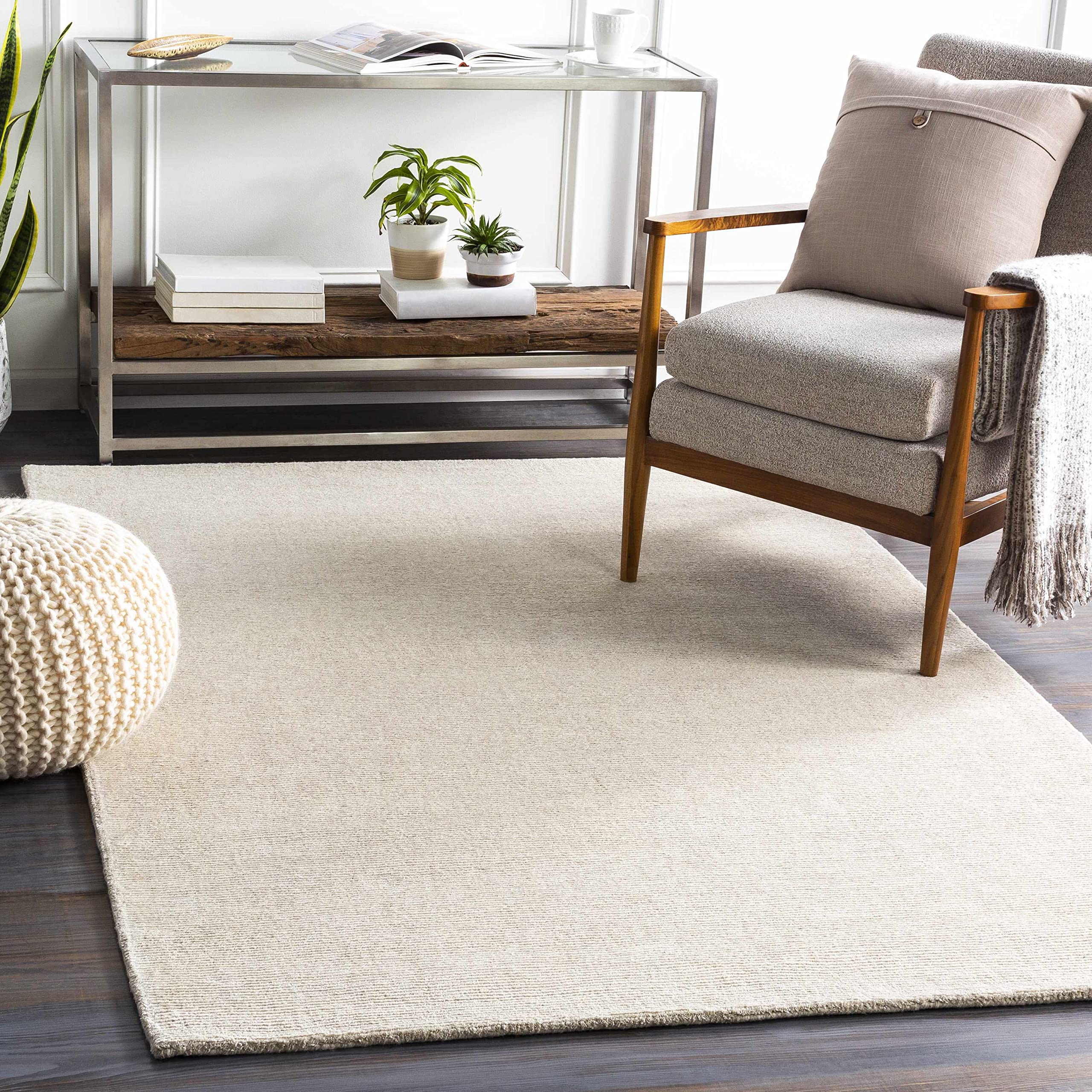 Hauteloom Mariba Wool Area Rug for Living Room & Bedroom - Solid Ivory with Border - 4' x 6' - Soft & Durable - Perfect for Cozy Home Decor