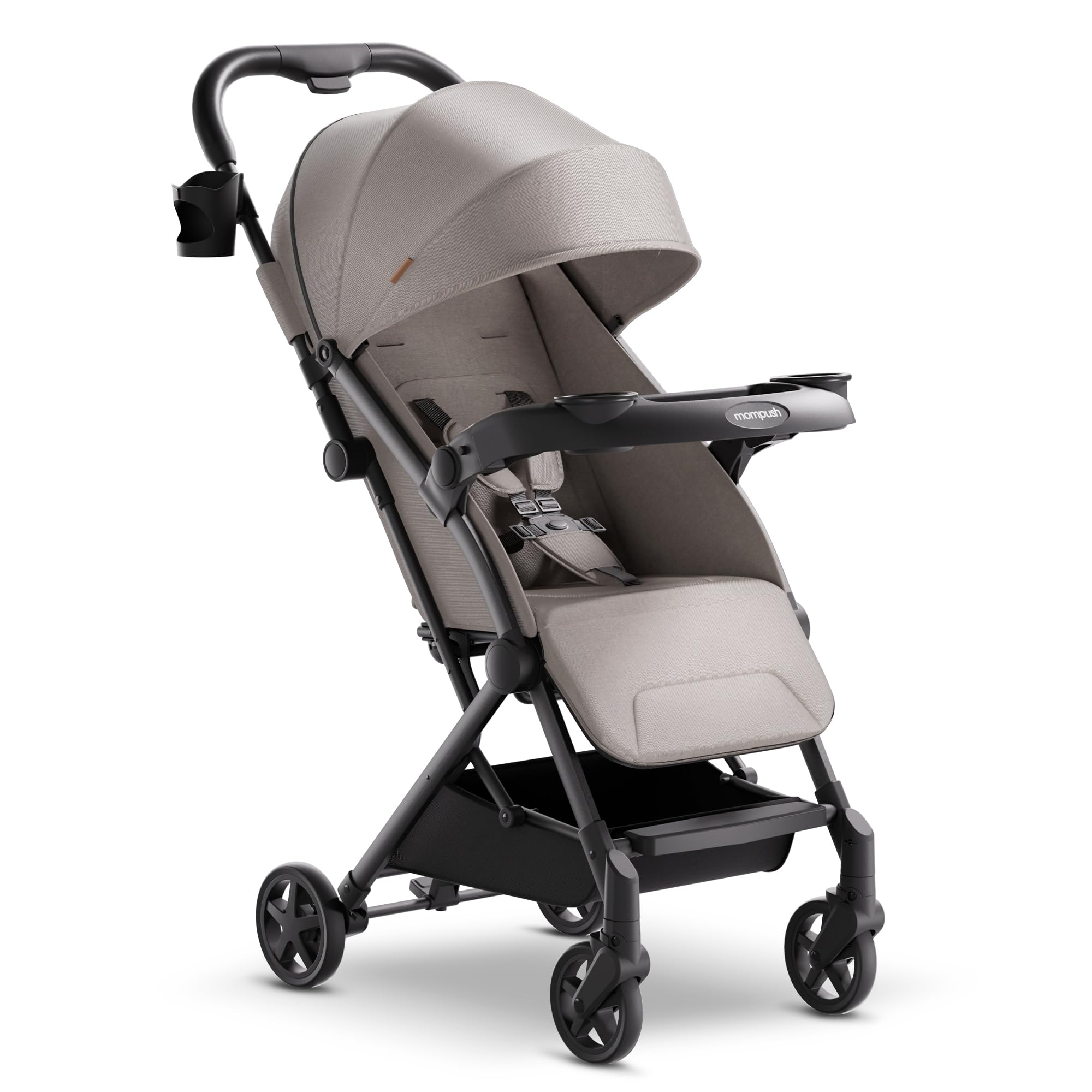 Mompush Lithe V2 Lightweight Compact Travel Stroller with Snack Tray, Cup Holder & Rain Cover - Airplane Approved, One-Hand Fold, Near Flat Recline - Perfect for Air Travel, City Walks & Shopping Trips
