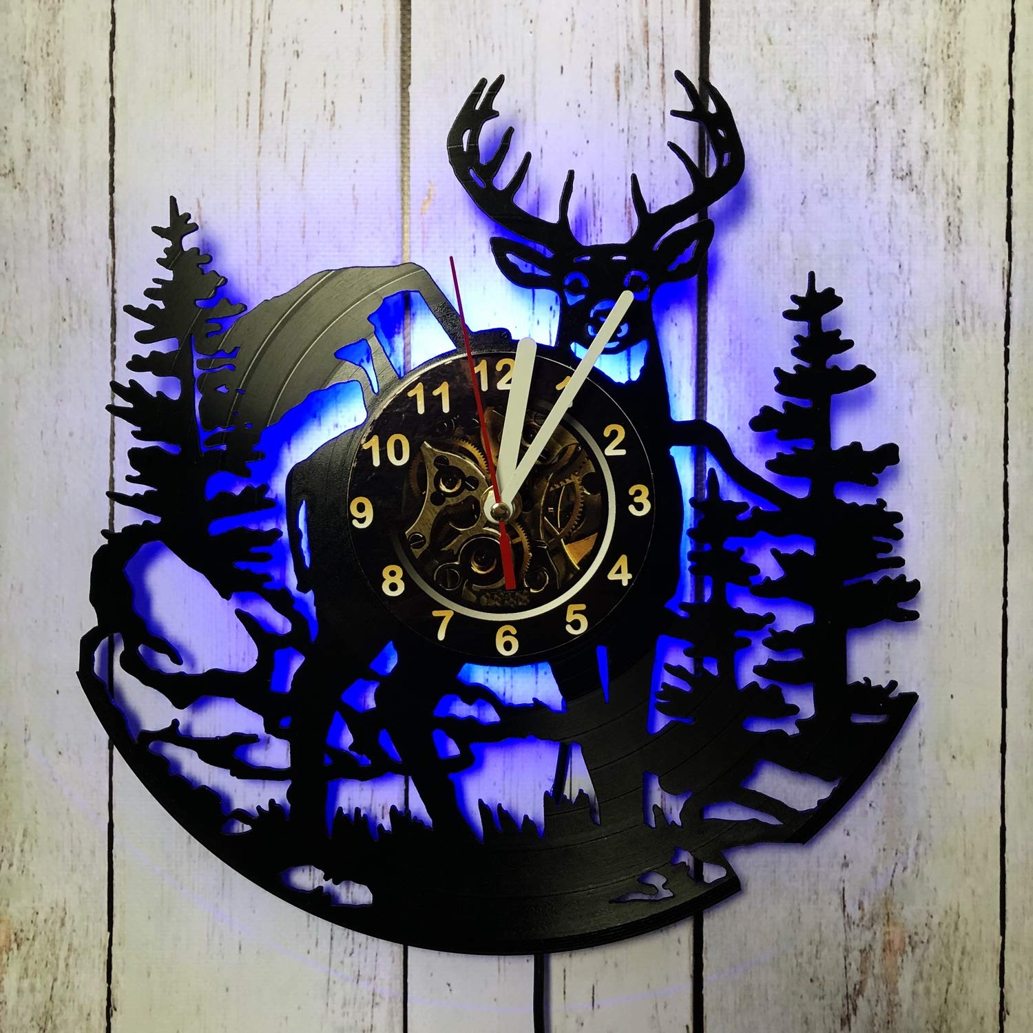 Deer Wood Animal Nature LED Wall Lights - Handmade Vintage Night Light with Remote Control, Blue Vinyl Wall Clock & Backlight Art for Living Room Decor | Perfect for Bedroom, Nursery, and Cozy Home Ambiance