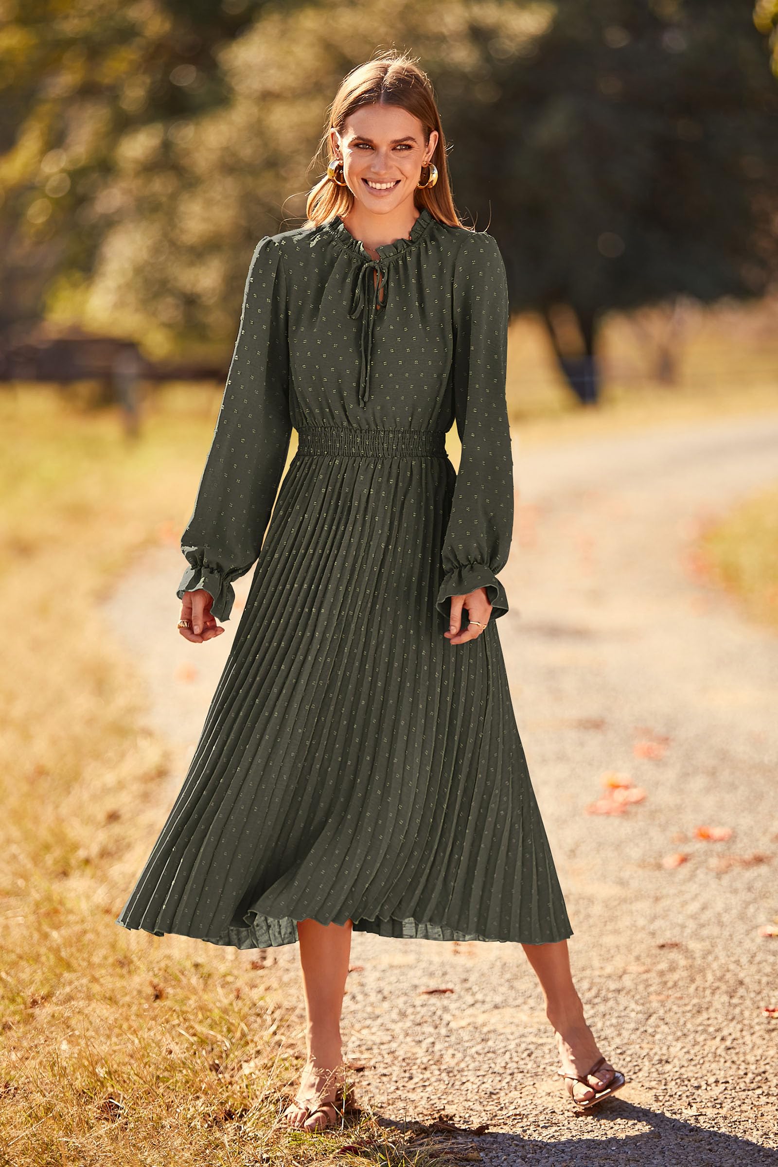 PRETTYGARDEN Women's 2025 Spring Fall Midi Dress - Casual Long Sleeve V-Neck Swiss Dot Pleated A-Line Flowy Dress for Work, Date Night & Special Occasions