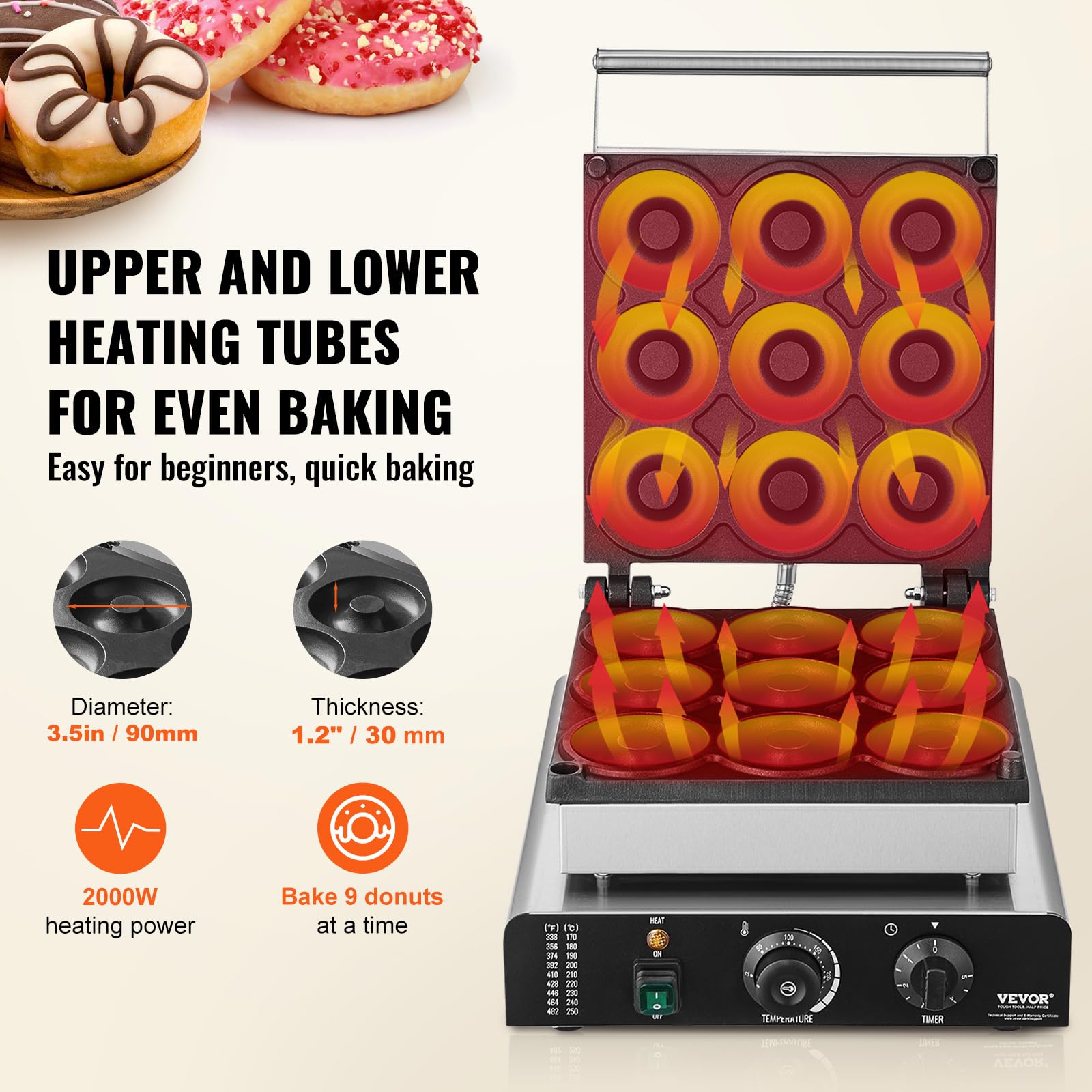 VEVOR 2000W Commercial Electric Donut Maker Machine - 9 Hole Non-Stick Waffle Iron with Double-Sided Heating (122-572℉) - Perfect for Restaurants, Bakeries, Cafes & Home Breakfast Donut Making