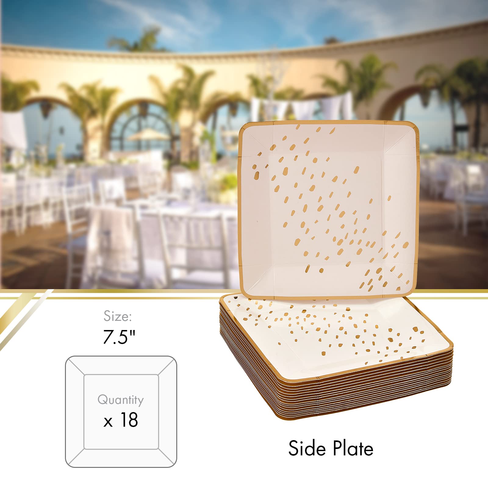 18-Pack Heavy Duty 7 Inch Square Disposable Paper Plates - Silver Spoons Abstract Design Ivory Dessert Plates for Birthday Parties, Baby Showers, Weddings & Special Events | Perfect for Indoor/Outdoor Gatherings & Catering