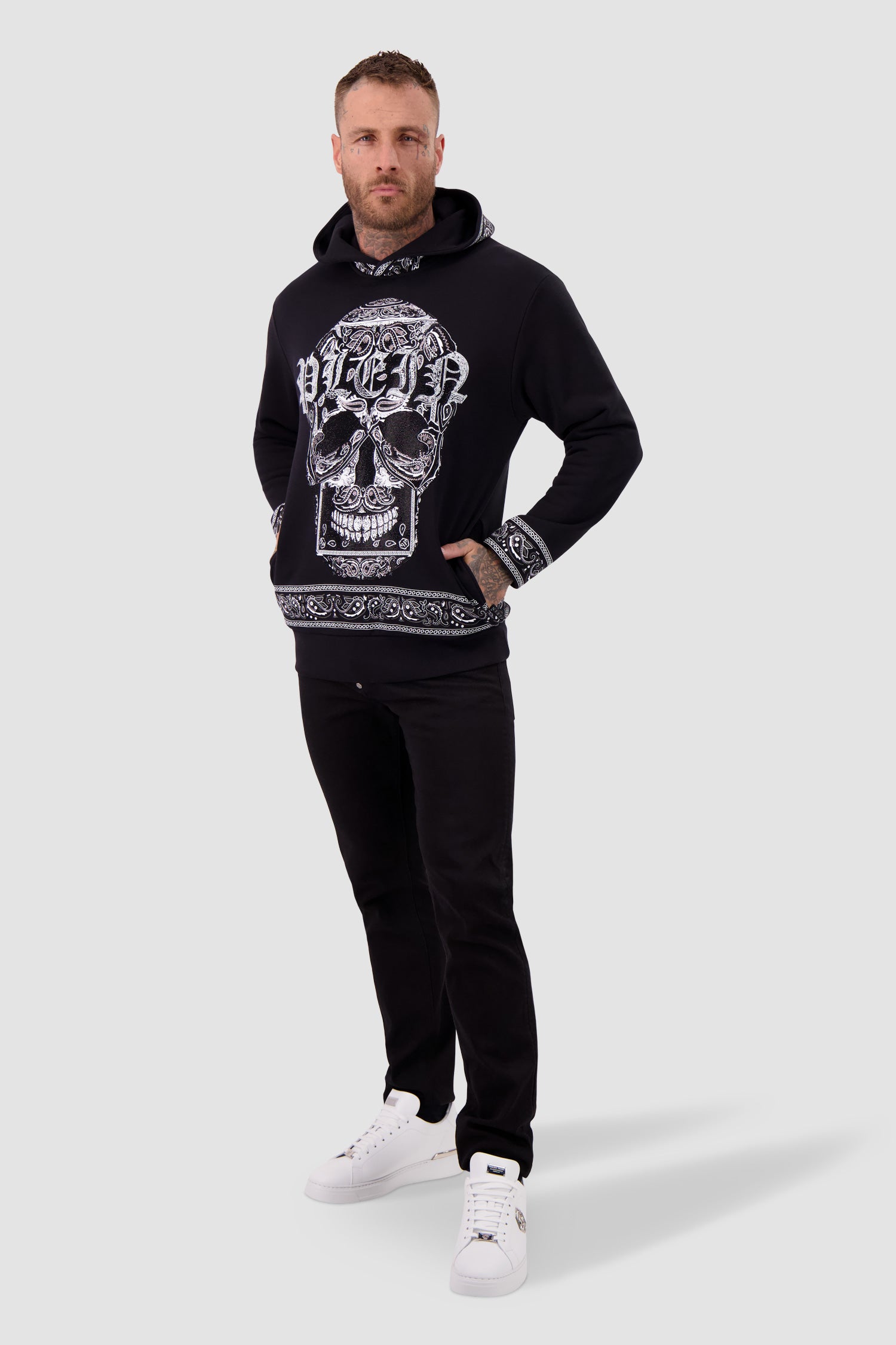 Philipp Plein Black Paisley Rhinestone Hoodie for Men - Stylish Streetwear Pullover with Crystal Embellishments | Perfect for Casual Outings, Parties & Fashion Events