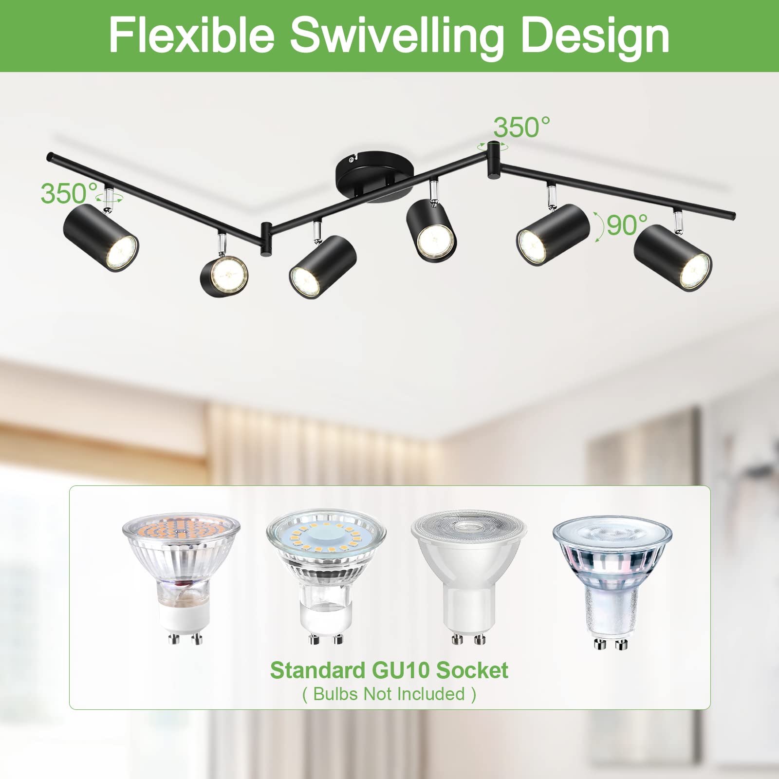 Kimjo 6-Light Black LED Track Lighting Fixture for Ceiling - Adjustable Spot Light Kit with GU10 Socket - Modern Track Lighting System for Kitchen, Dining Room, Bar, Office & Retail Spaces
